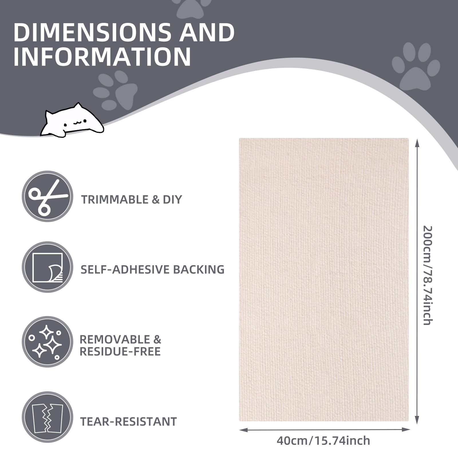 Protezione Divano Graffi Gatto: DIY Tiragraffi per Divano Tappeto Tiragraffi per Gatti Autoadesivo 200x40cm - Ideale per Divani, Mobili e Pareti, Sisal e Moquette (Beige, 40×200cm)