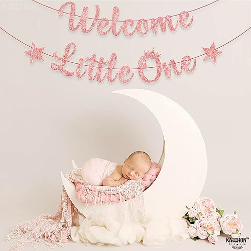 Miniatura 7 de KatchOn, Cartel de bienvenida con purpurina de Little One  10 pies, sin bricolaje  Cartel de baby shower de oro rosa, decoraciones de bienvenida