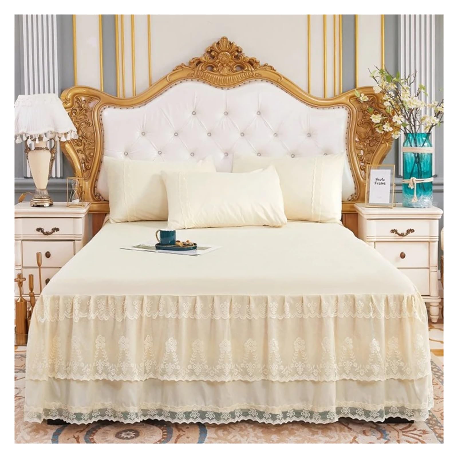 Bed Skirt Pillowcase Bed Set Ruffle Three Layers Lace Bedspreads Sheet Soft Fitted Sheet Cover(9,180x200cm 3pcs set)