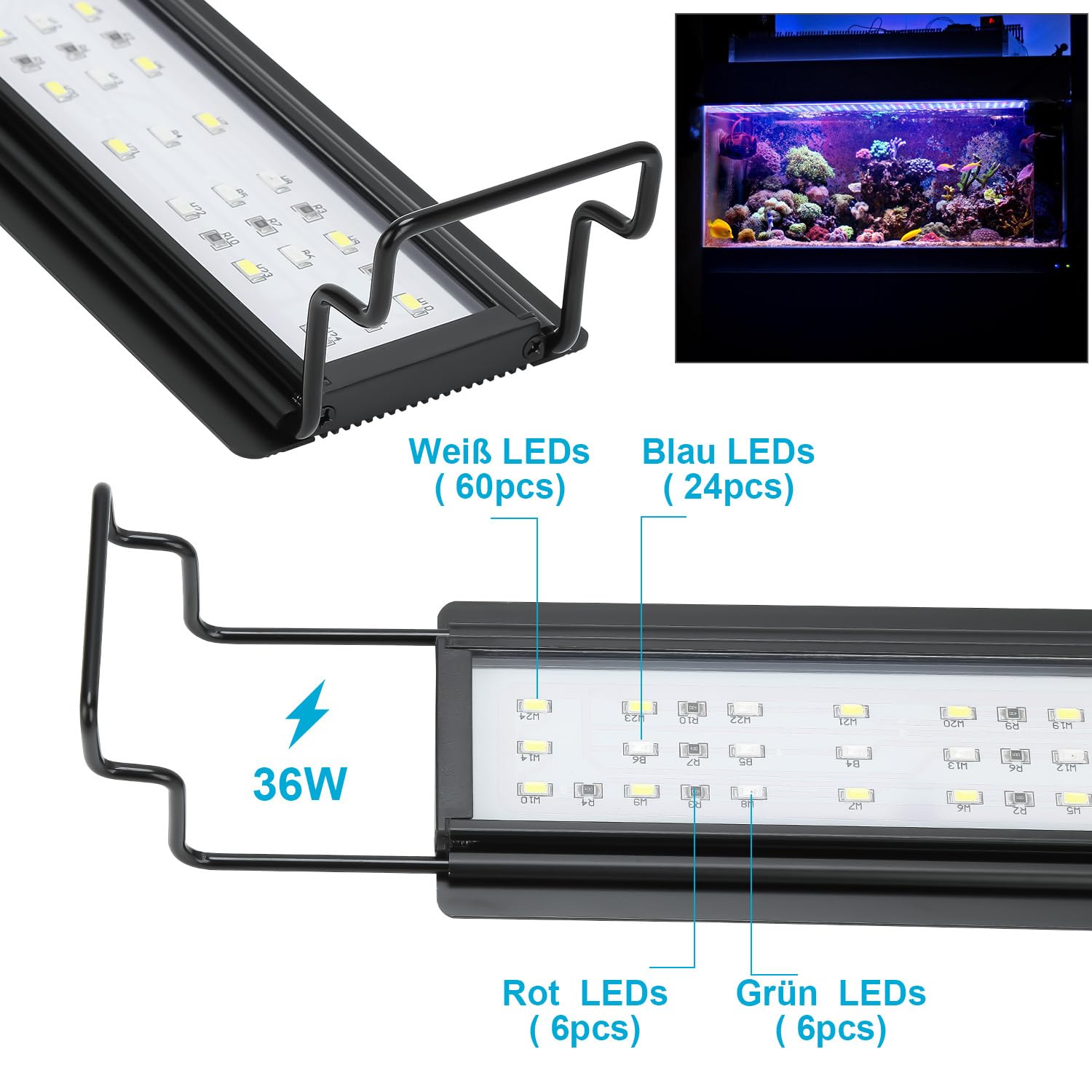 Iluminación LED para acuario, iluminación de 36 W, barra de luz para acuarios con temporizador automático, lámpara RGB Spectrum para acuarios de agua de 87 – 110 cm