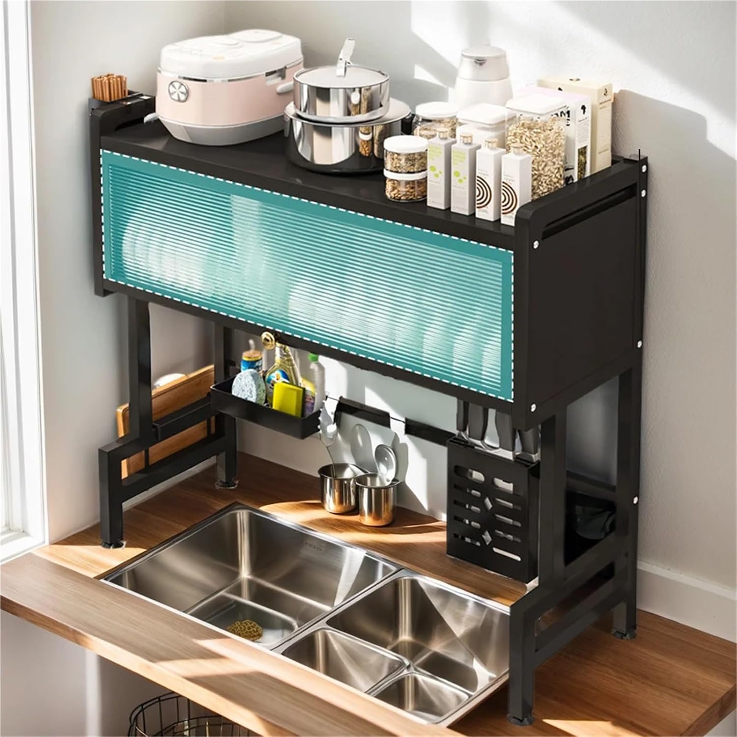 Multi Organizer Cabinet Steel Over The Sink Dish Drying Rack 3-Tier Utensil Cup Holder Large Over The Sink Dish Rack with Cover(Black 85cm)