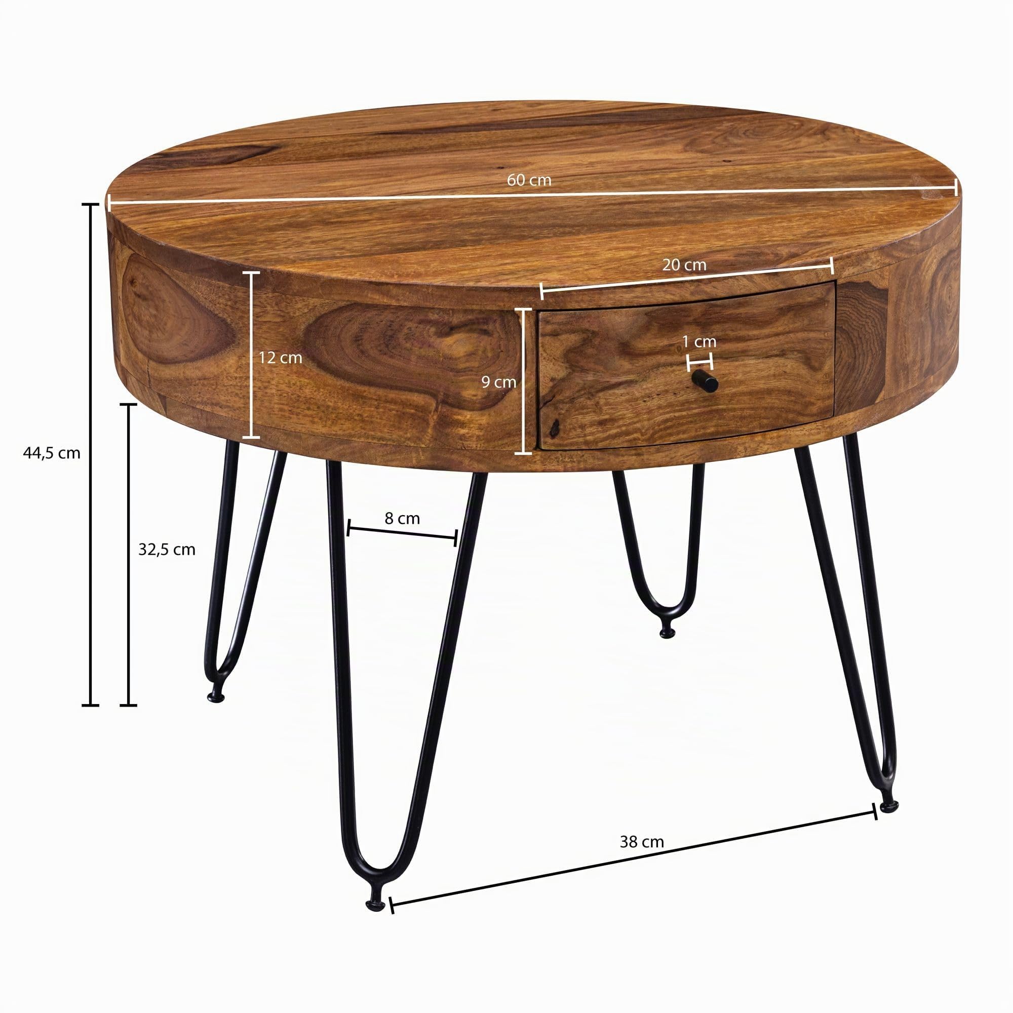 FineBuy Mesa de Centro Redonda Moderna 60x60x44,5 cm Madera Maciza de Sheesham | Mesa Auxiliar con cajones para Salón | Mesita Café Pequeña para Sofá