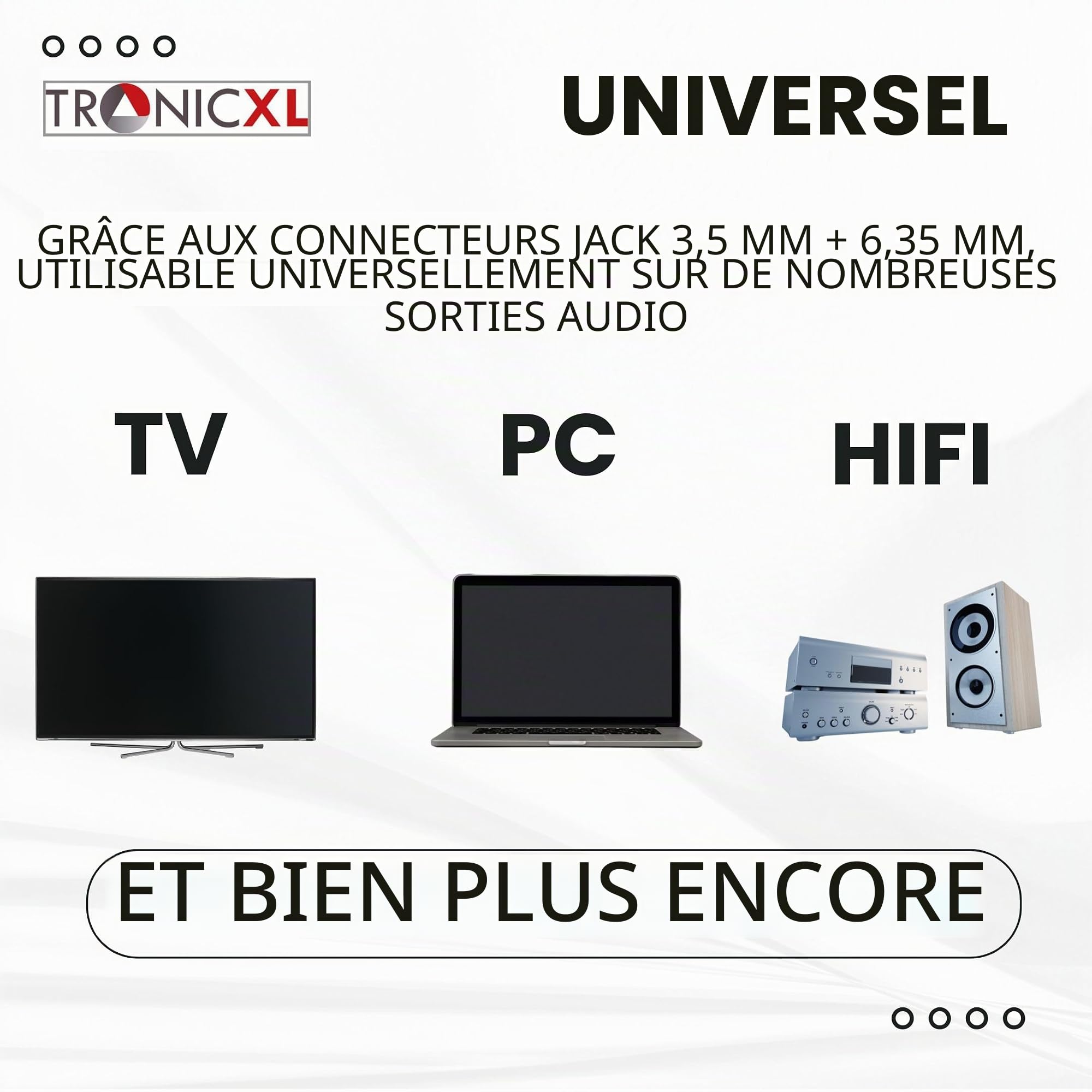 TronicXL Casque de télévision, serre-tête, câble de 6 m, stéréo, TV, PC, HiFi, arceau jack 3,5 mm, prise jack 6,35 mm, câble long