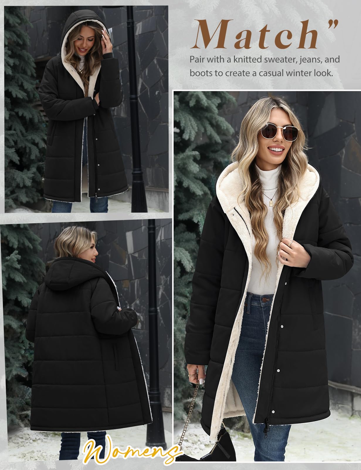 Vancavoo Manteau d’Hiver Femme Mi-Long Matelassé à Capuche Décontracté | Déperlant Parka avec Doublure Polaire Chaude, Capuche Fixe, Zip et Boutons-Pression, 2 Poches Latérales