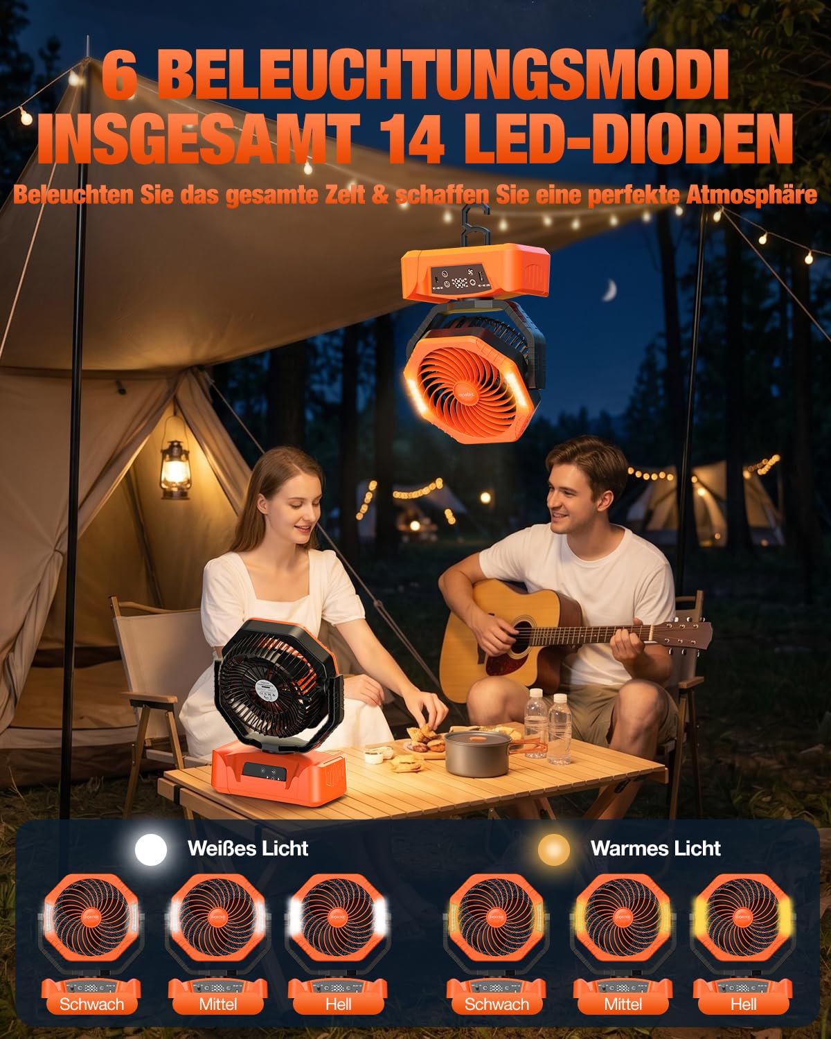 24000mAh Akku Camping Ventilator Powerbank, Kupferkern Motor Akkuanzeige, Fernbedienung Timer , 6 Geschwindigkeiten, Auto Schwenkfunktion, LED-Licht, Aufhängbar für Camping Angeln Zuhause Stromausfall