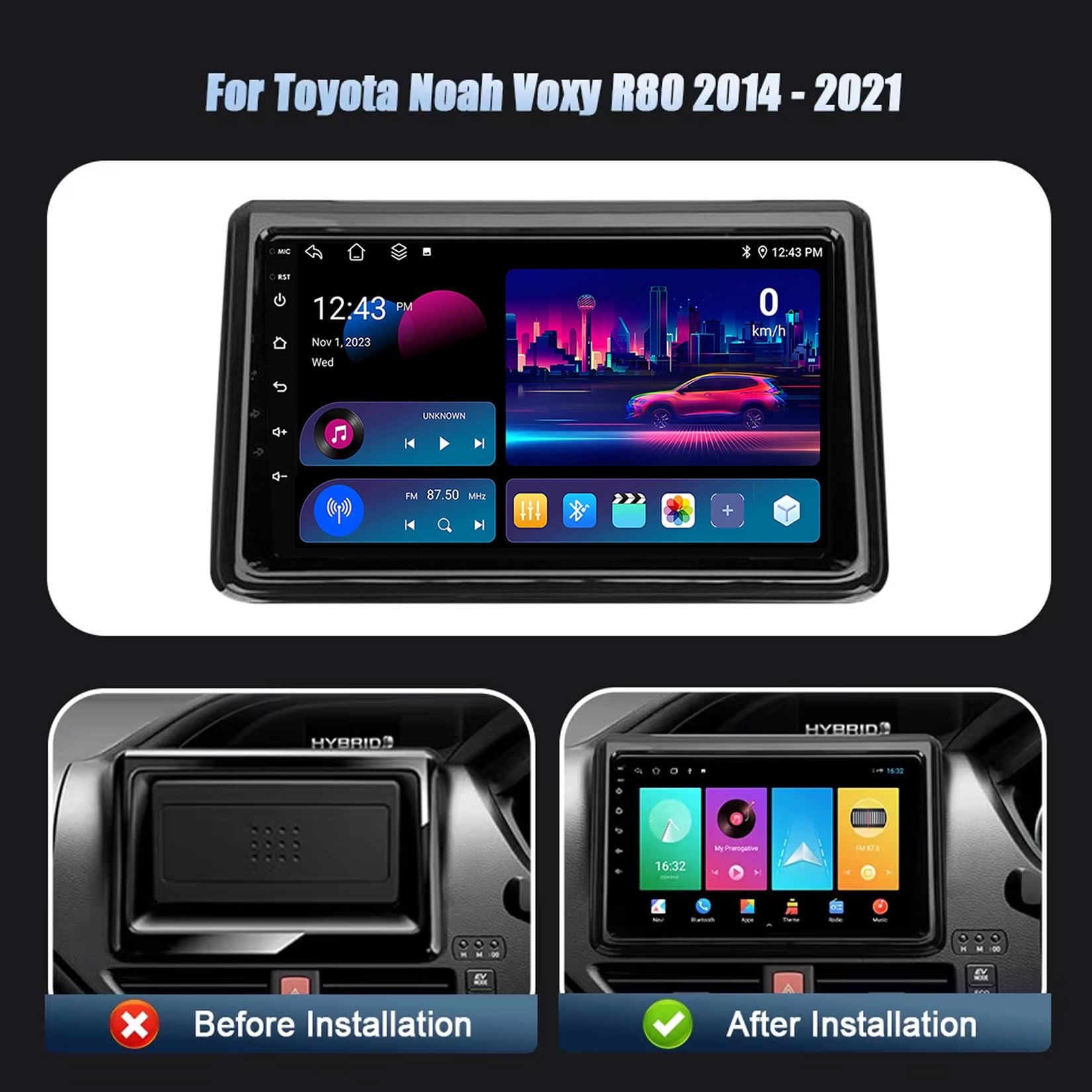HIBIYA Radio samochodowe 2 DIN z ekranem do Toyota Noah Voxy R80 2014-2021 Android 14 radio samochodowe 9 cali z GPS RDS USB Bluetooth Mirrorlink sterowanie kierownicą + kamera cofania (T2 8Core 8+