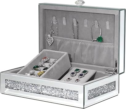Mirrored Jewelry Box with Lid, Crushed Diamond Bling Jewelry Organizer for Women Girls, Ring Necklace Bracelet Storage Box, Gift Idea