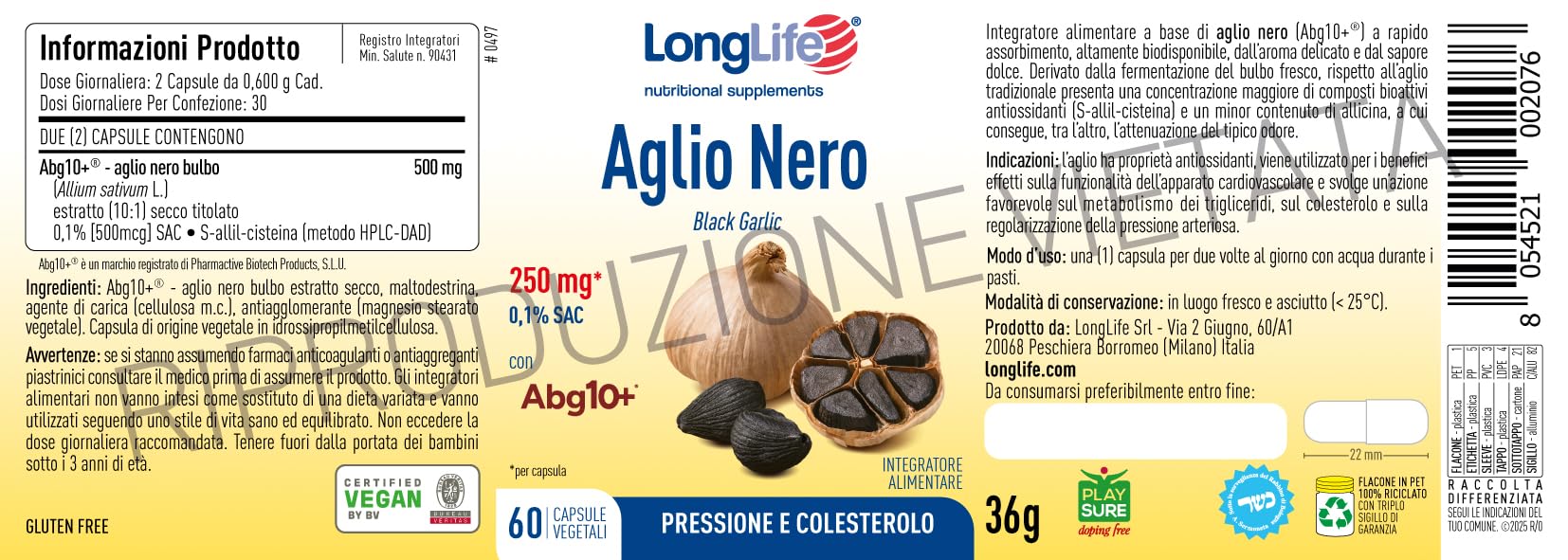 LongLife® Aglio Nero | Estratto fermentato 250mg | Titolato in S-allil-cisteina (SAC) 0,1% | Supporto cardiovascolare e antiossidante | Fino a 1 mese di trattamento | Vegano e Senza glutine