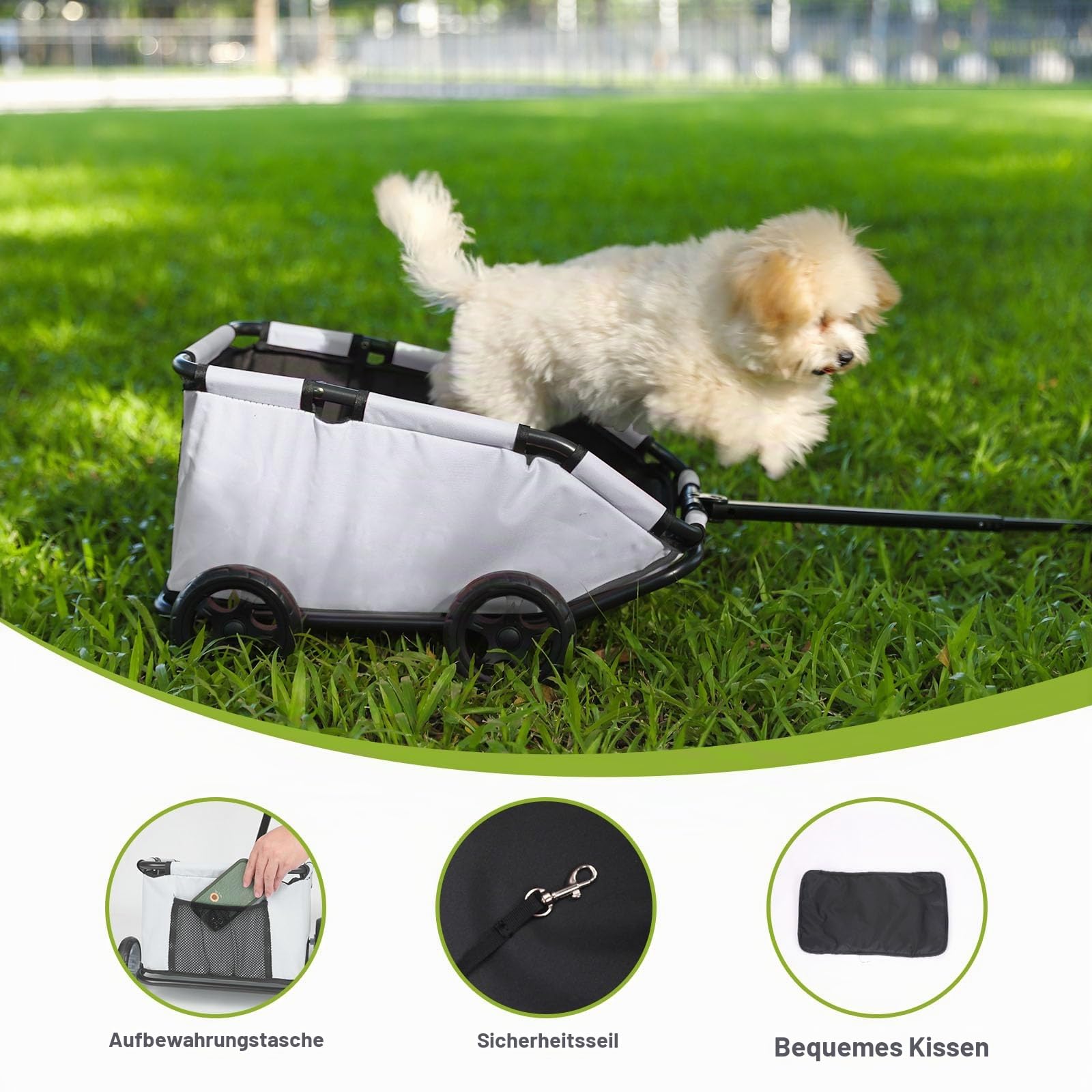 Mini-Hundewagen für Mini-Haustiere, faltbarer multifunktionaler Einkaufswagen mit ausziehbarem Ziehgriff, Doggie Wagon eingebautem Kissen und Sicherheitsseil mit Aufbewahrungstasche (Hellgrau)