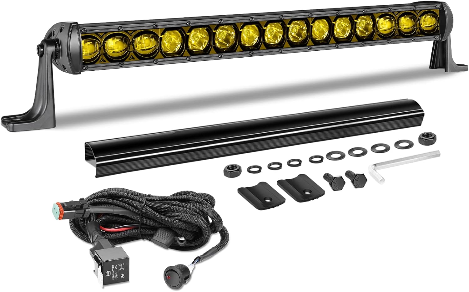 20 Inch Amber Light Bar 105W Slim Single Row LED Light Kit w/Wiring Harness Black Cover Spot Flood Combo Off Road Driving Bumper Grill Lights for Trucks Pickup SUV UTV ATV Snowmobile Amber 20 Inch
