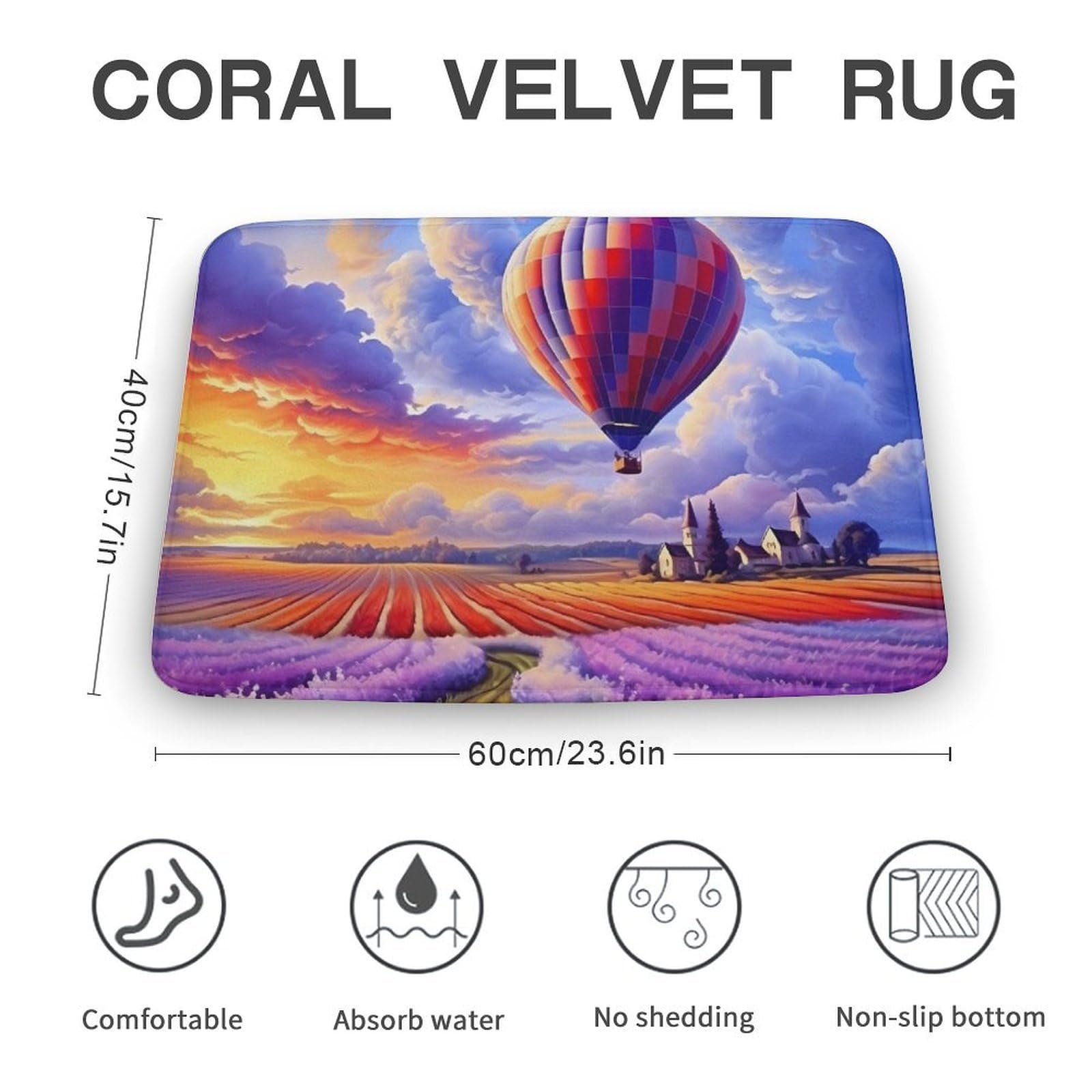 Hot Air Balloons Over Lavender Flowers Coral Velvet Rugs Non-Slip Bathroom Rugs Soft Kitchen Rug Floor Carpet for Home Decor 15.7