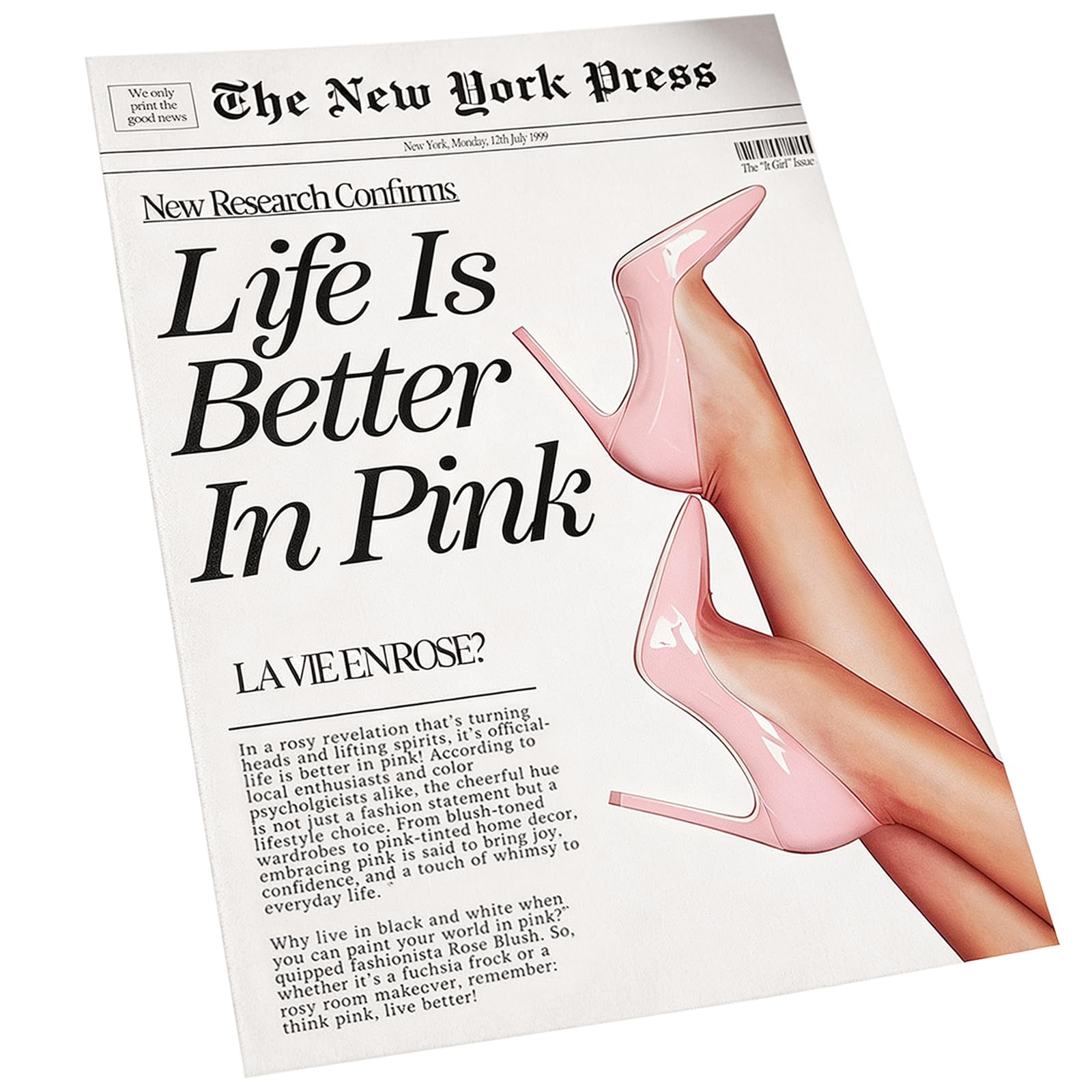 Feminism Fashion Pink Wall Art, Vintage Newspaper Style Life Is Better In Pink High Heels Canvas Prints, Aesthetic Preppy Room Decor Posters for Girls Bedroom Living Room Dorm Apartment 12x16 Unframed