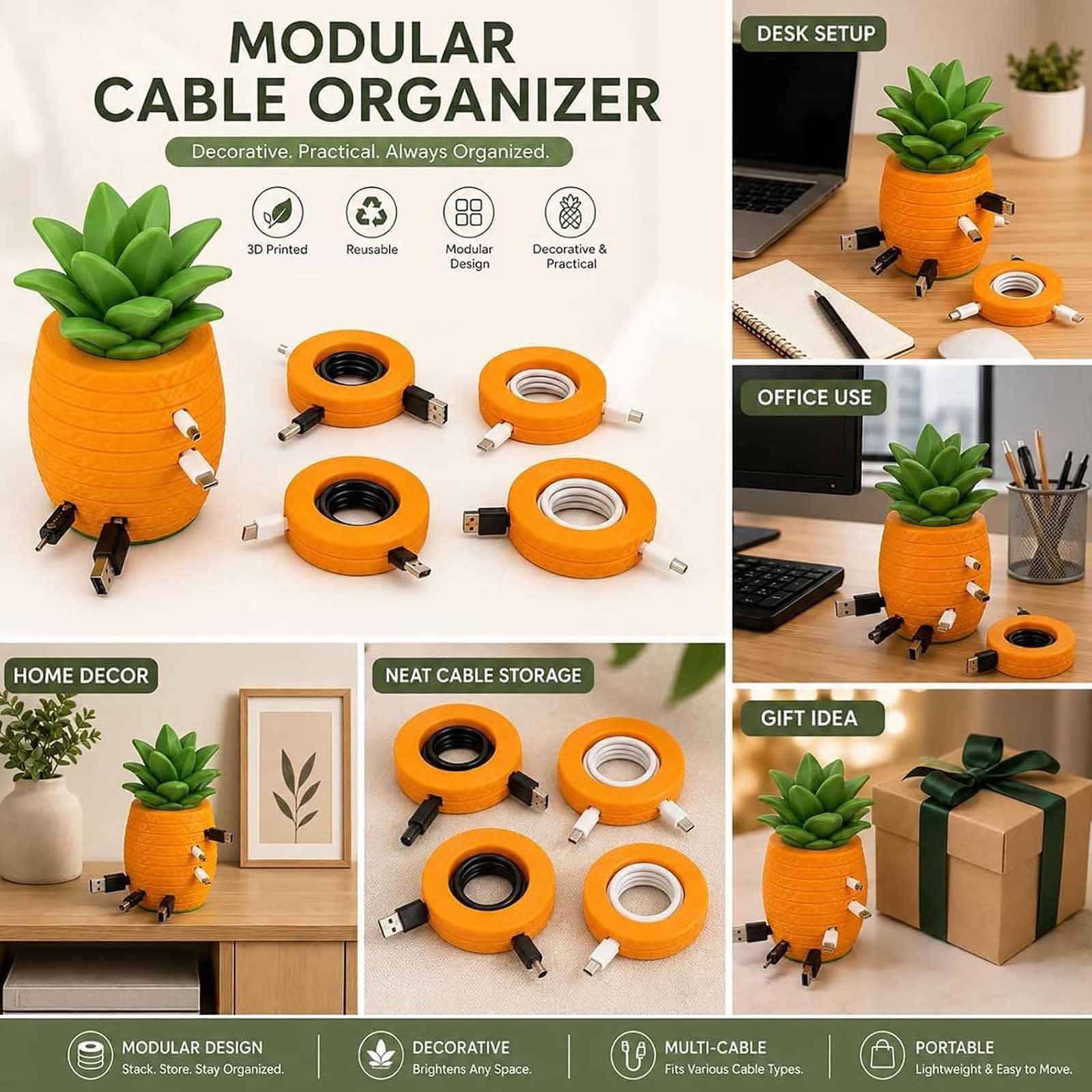 Modularer Kabel Organizer, stapelbare Aufwickelscheiben (2pc) | 3D gedruckter Kabelhalter für den Schreibtisch mit abnehmbaren Aufwickelscheiben (Größen S, M, L, XL) für Ladekabel Ohrhörer