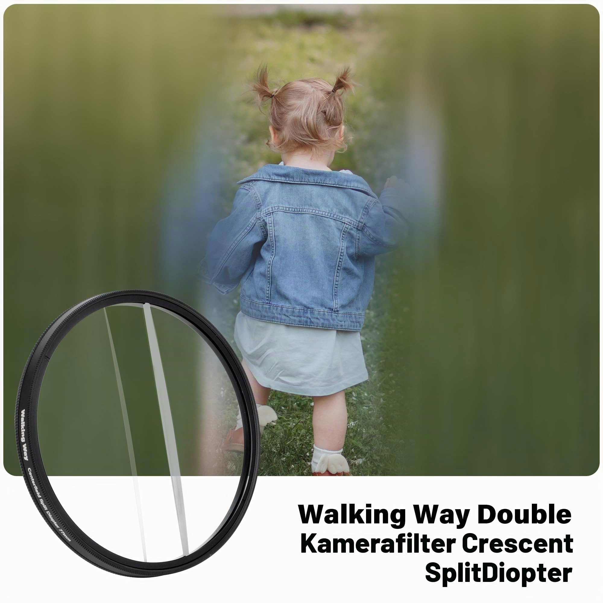 Walking Way Split-Diopter 77mm für doppelten Halbmond-Unschärfe-Effekt | K9 Optikglas Aluminiumrahmen doppelter Halbmond Split-Fokus klare Mitte mit künstlerischer Unschärfe