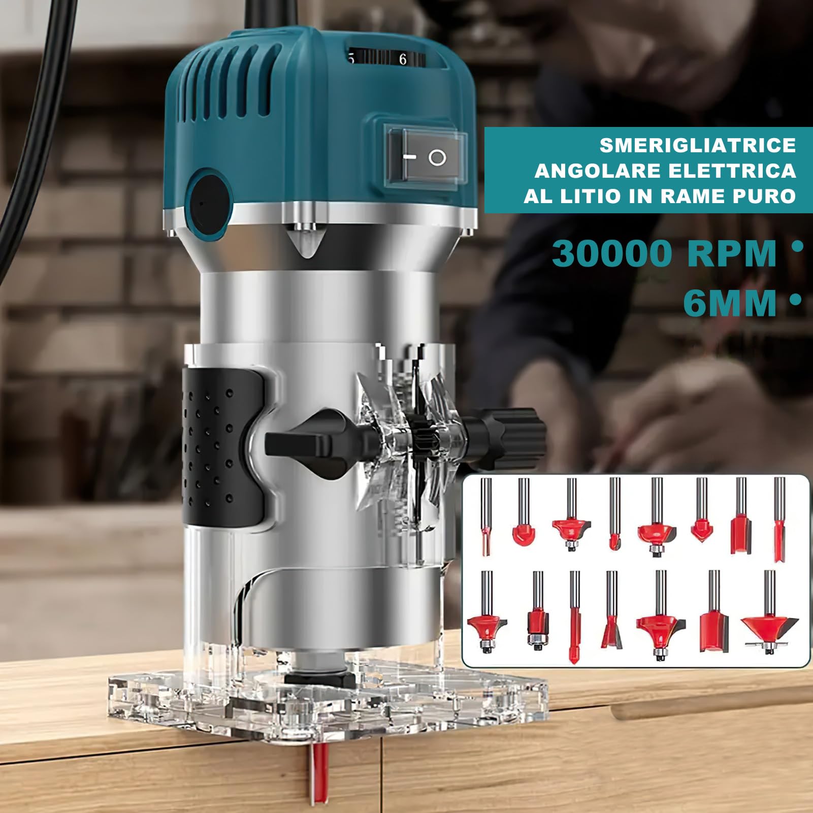 Rifilatore Fresatrice Verticale 800W, Router di legno elettrico, 30000rpm Legno Rifilatrice Elettrica a 6 velocità Variabili con 15 frese per intaglio per Smussare, Scanalare, Rifilare, Punzonare