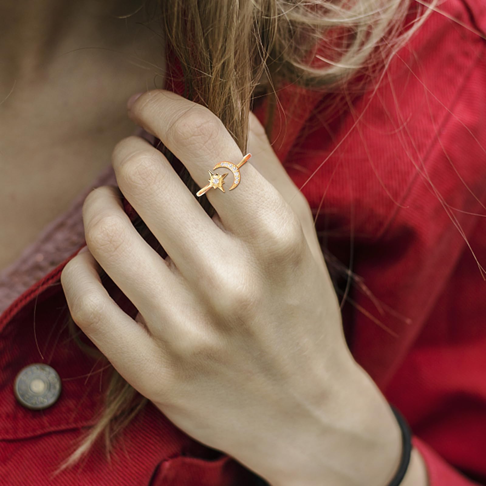 Holibanna Anelli Regolabili da Donna Confezione da 2 in Argento Design Delicato a Forma di Mezzaluna e Stella, Aperti Sicuri per Ogni Occasione