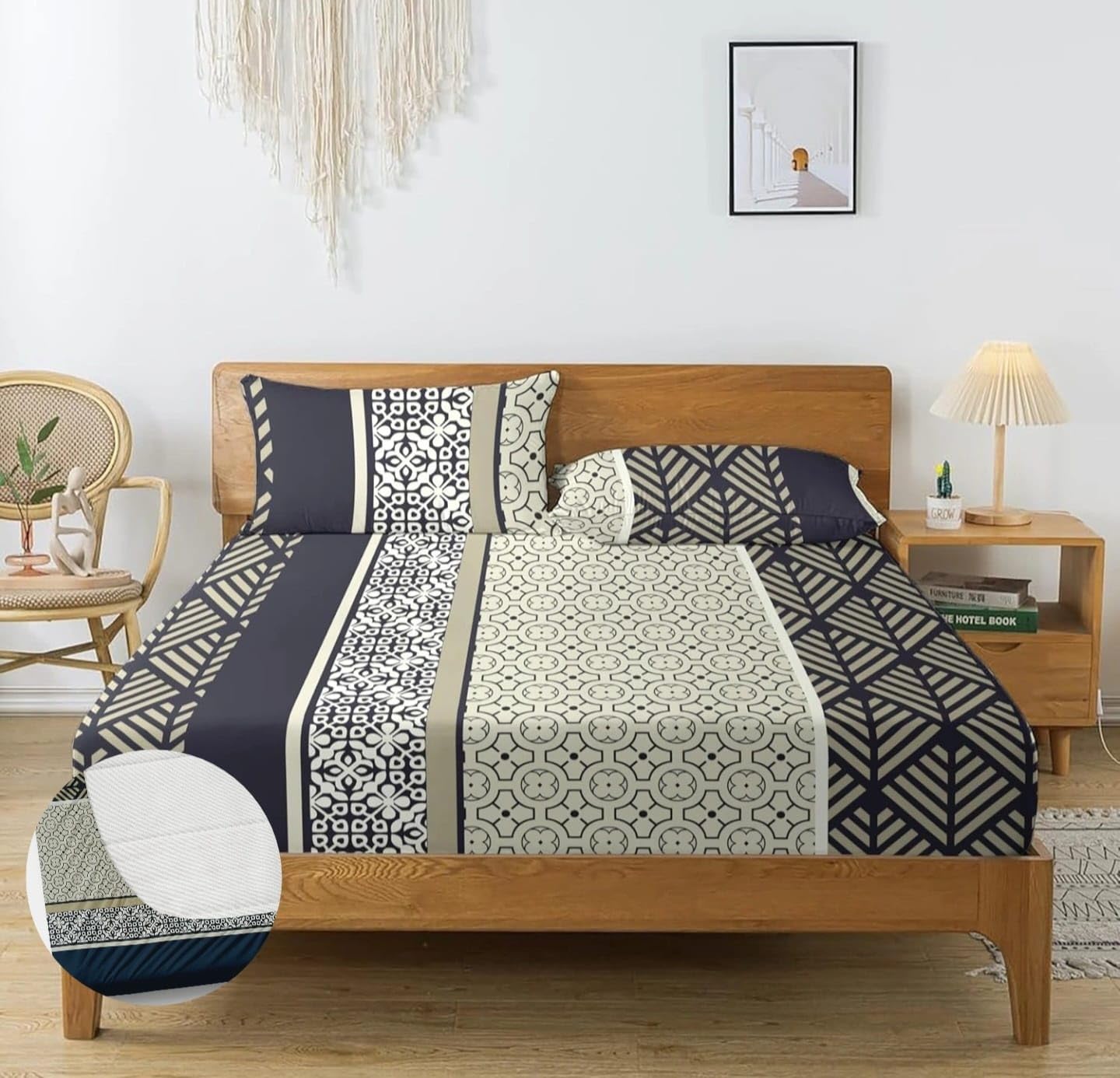 NEW LEAF Cotton Fitted King Bedsheets with 2 Pillow Covers | Elastic Fitted | Wrinklefree | Ultrasoft |Winter Bedsheet 200 to 220 tc Floral | 78x72+8 Inches, Floral Black Off White