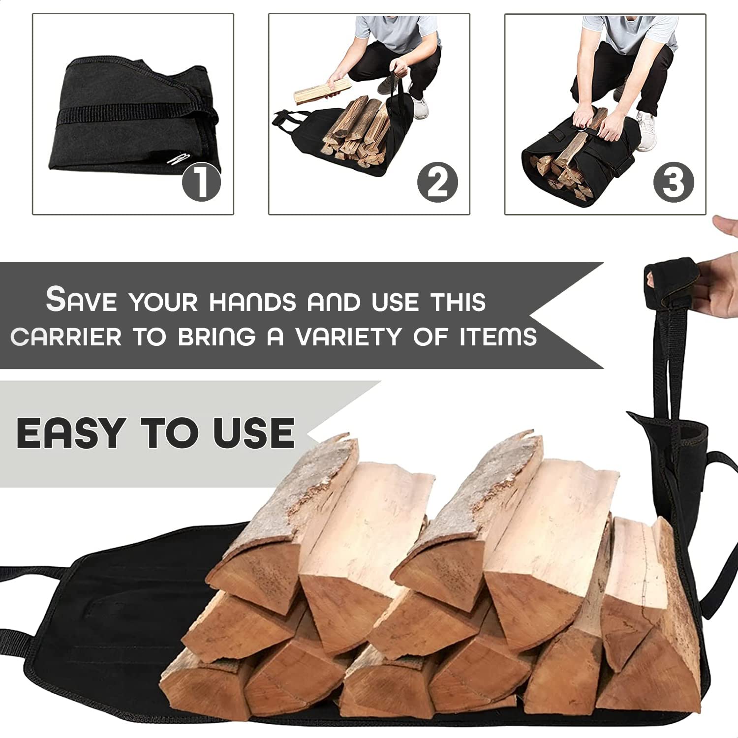 ZONSUSE Bolsa de Transporte para Leña de Lona, Bolsas de leña para Chimenea, Bolsa de Leña Almacenamiento Plegable, Accesorios para Estufa, para Interior y Exterior, Camping, Playa, Hoguera (Negro)