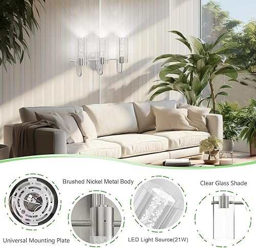 Miniatura 2 de Aipsun Lámparas de baño de níquel cepillado, 3 luces, modernos apliques de pared de baño con cristal de burbujas, accesorios de iluminación LED
