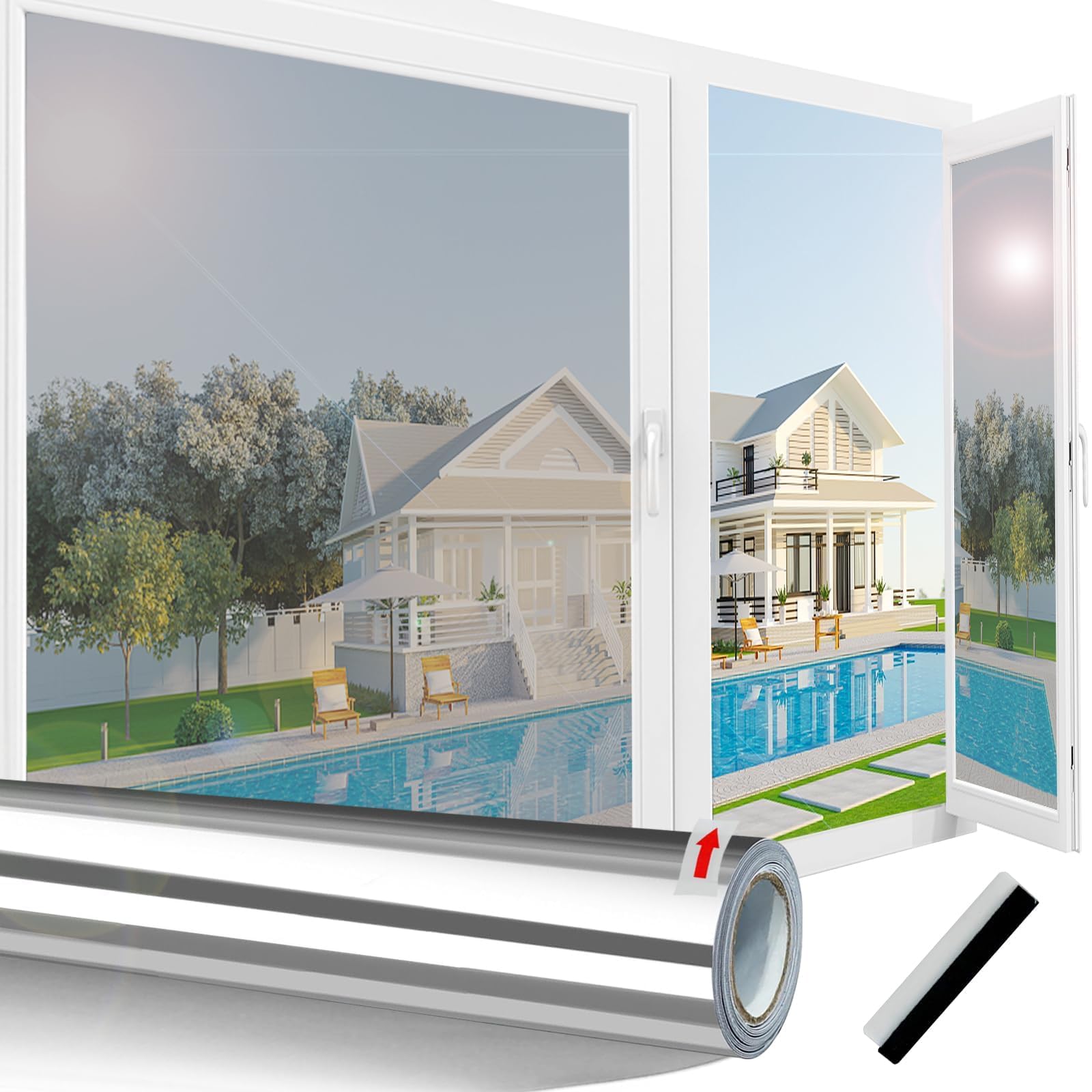 Linarun One Way Window Film Privacy Film for Glass Windows Heat Reflective Window Film Anti Glare UV Window Tint Film Home, Non-Adhesive, Static Cling, Silver