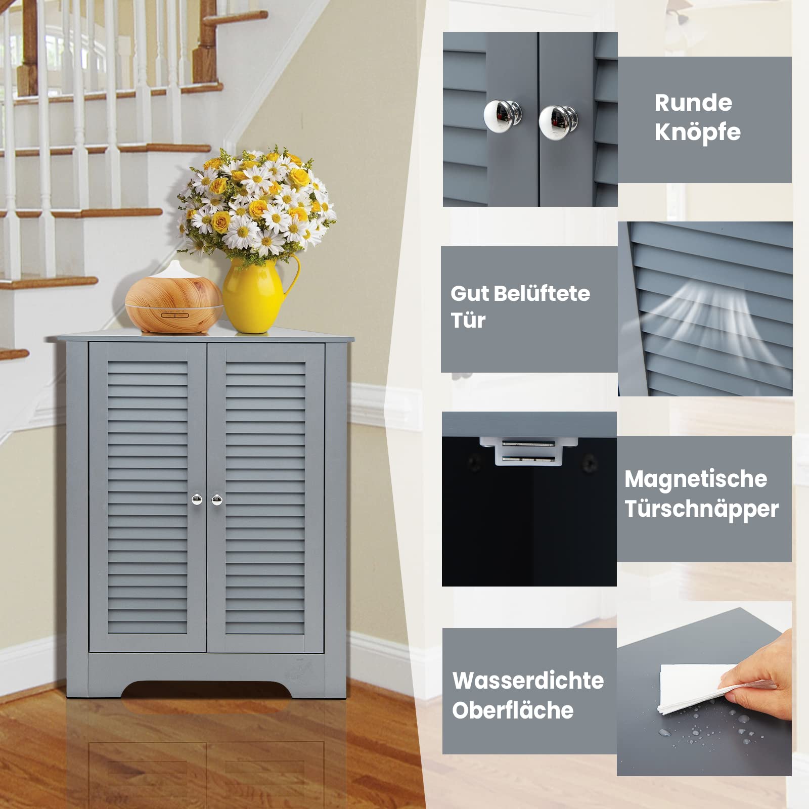 COSTWAY Badezimmerschrank Ecke, Eckschrank Bad mit 2 Lamellentür, Badschrank Unterschrank Holz, Aufbewahrungsschrank für Badezimmer, Küche, Wohnzimmer, 45 x 45 x 81,5 cm, grau