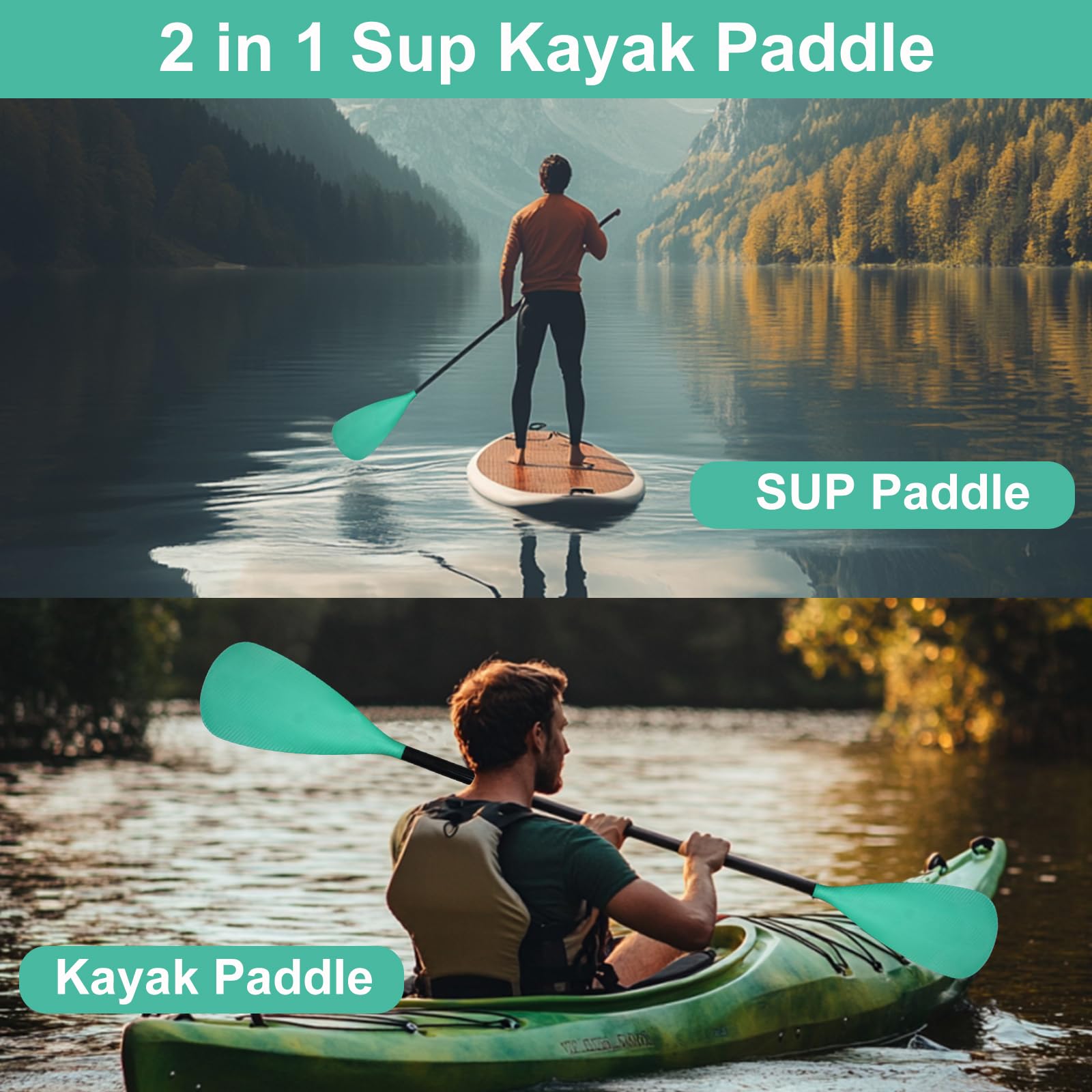 BeGrit Pagaia SUP 2 in 1 per Kayak e Stand Up Paddle Regolabile 170-213 cm Alluminio Lama in Nylon Remo SUP con Effetto Carbonio con Guinzaglio di Sicurezza per Tavola da Surf Canoa SUP Verde