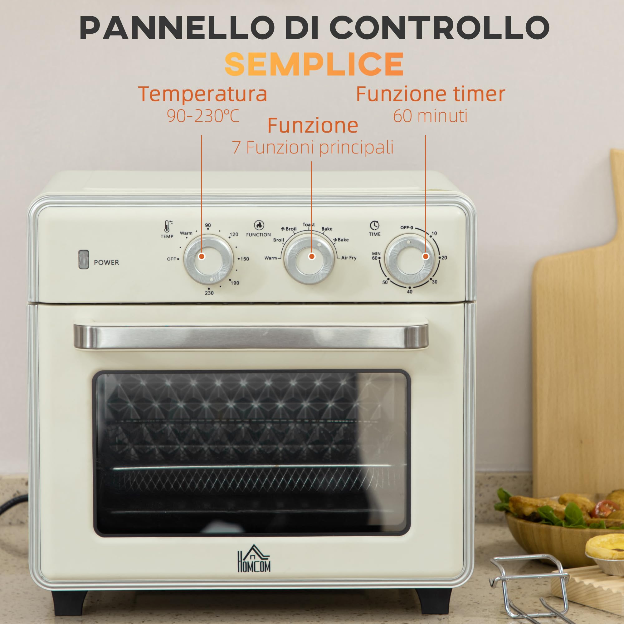 HOMCOM Horno eléctrico ventilado 20 L 1400 W multifunción aire caliente 90-230°C temporizador 60 min 5 modos doble cristal
