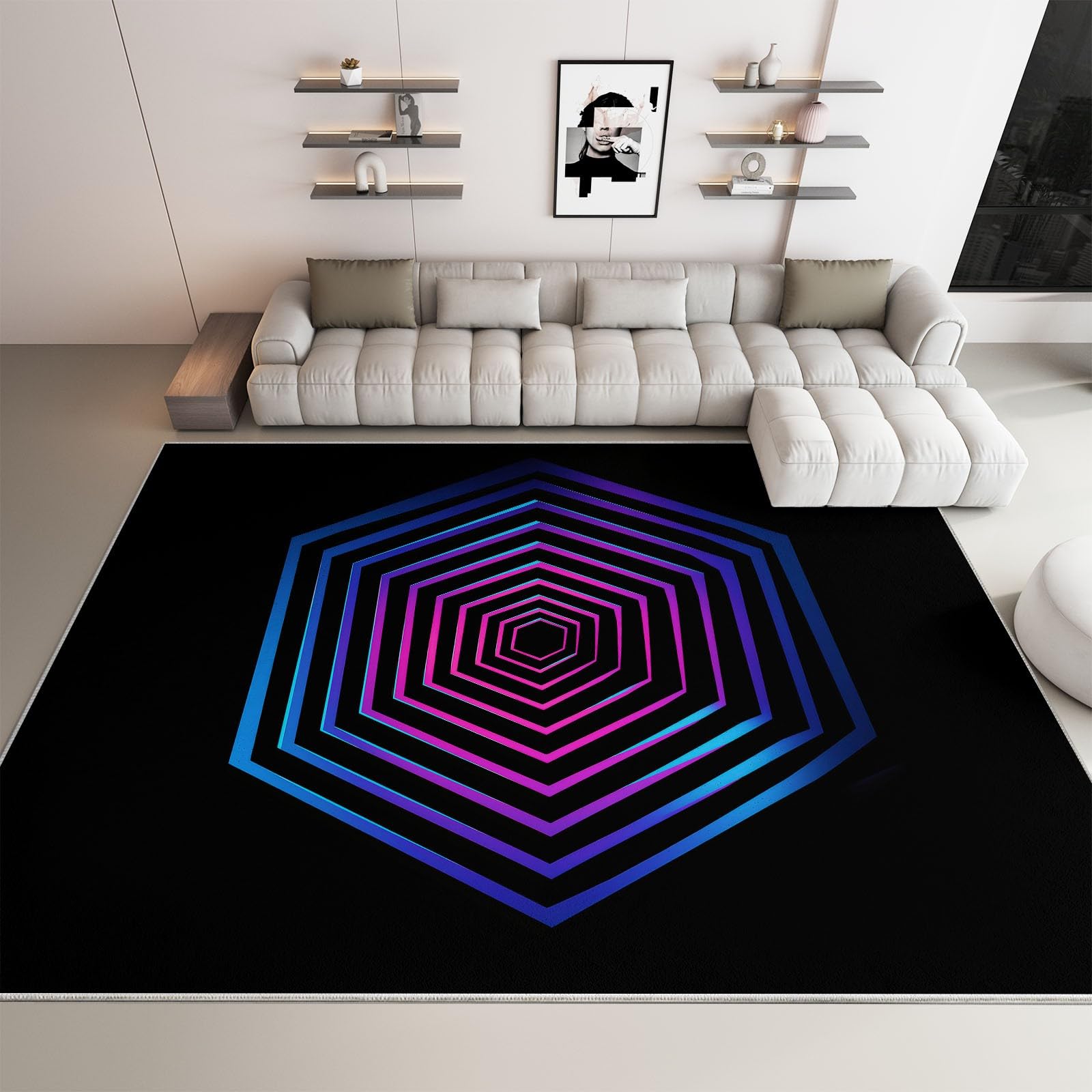 Dywan zmywalny 140 x 200 cm geometryczny do salonu, odporna na poślizg neonowy sześciokąt paski mata antypoślizgowa - miękki dywanik z nadrukiem do sypialni pokoju dziecięcego kuchni pokoju zabaw