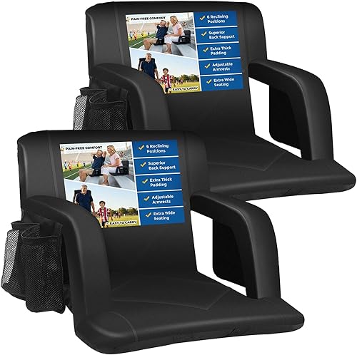 Sheenive Stadium Seat with Back Support Padded Bleacher Chairs with Back and Cushion, Portable Folding Bleacher Seat with Armrest, 6 Reclining Positions, Large Stadium Seat with Cup Holders & Pockets