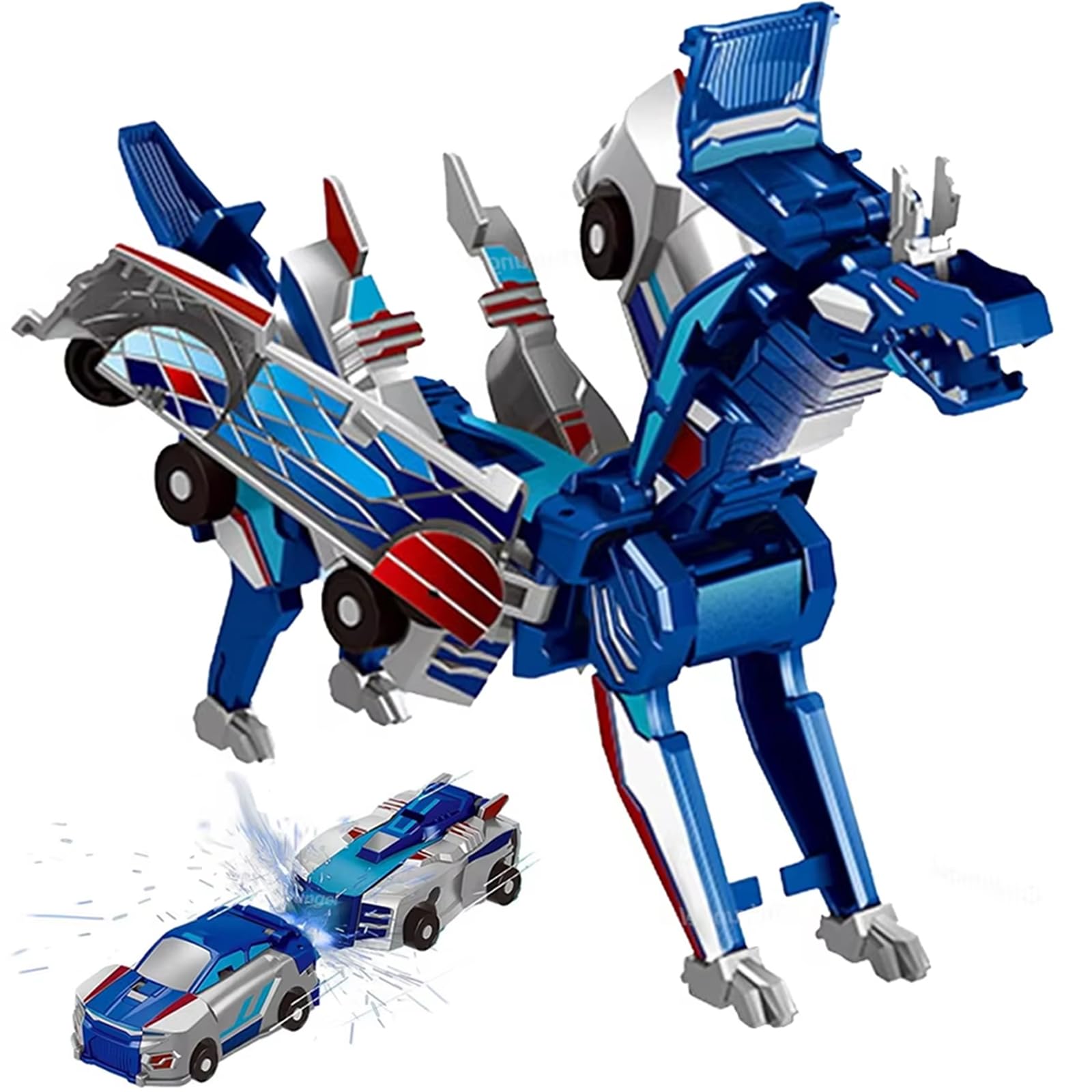 Collision Transforming Dinosaur Car Toy, Magnetic Dinosaur Transformer Car for Boys & Girls Party Favors Birthday Christmas (Blue)