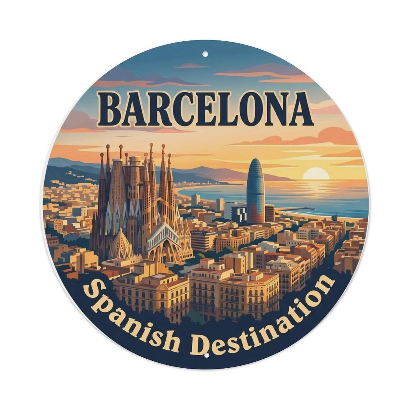 Mediterranean Barcelona Skyline Destination Travel Cityscape Metal Tin Sign Plaque Wall Decor for Cafe, Man Cave, Club Bar, Office, Home Garden Round Metal Poster 8x8Inch