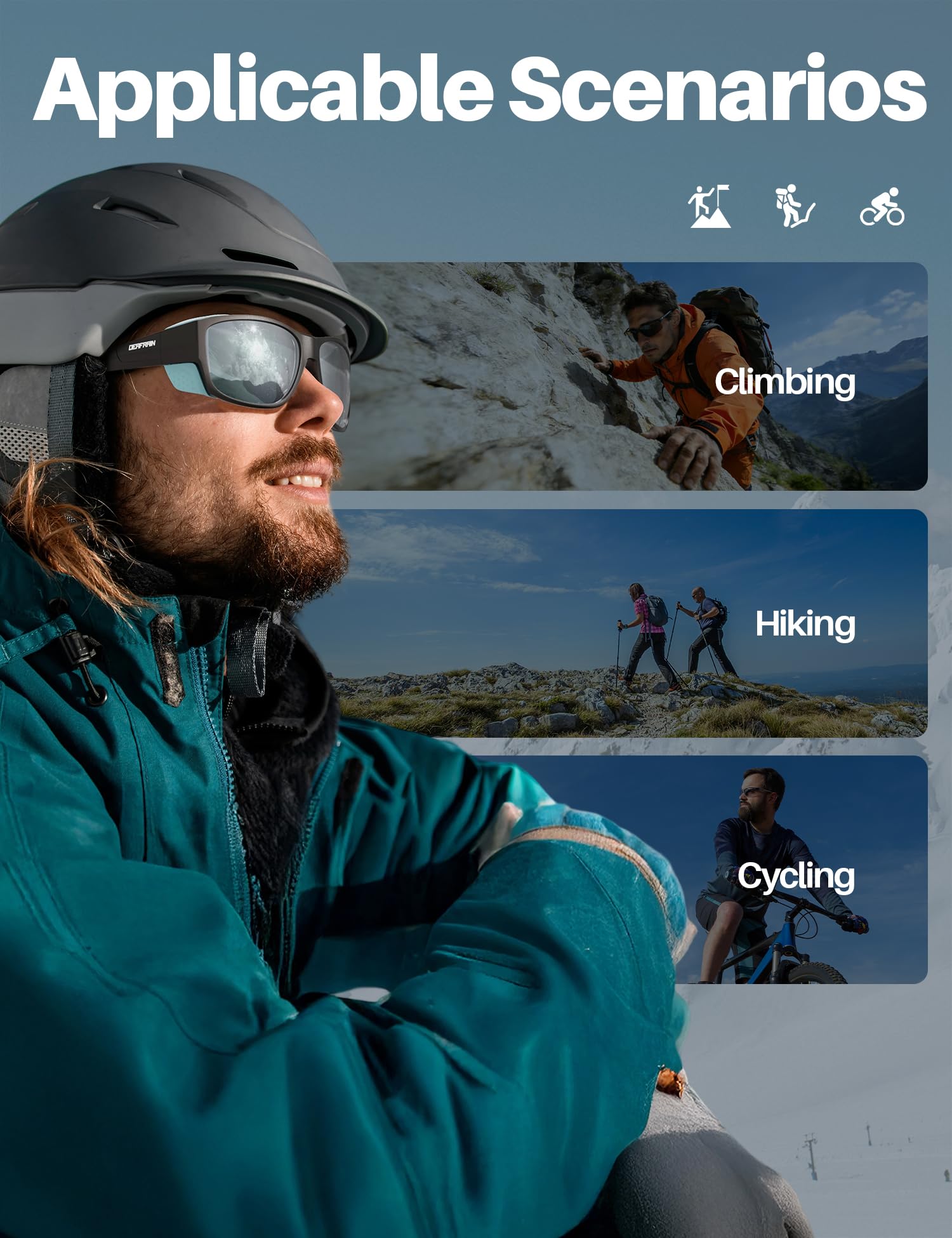 DEAFRAIN Polarisierte Sport-Sonnenbrille für Herren und Damen, mit abnehmbarem Seitenschild, zum Wandern, Skifahren, Klettern, UV-Schutz