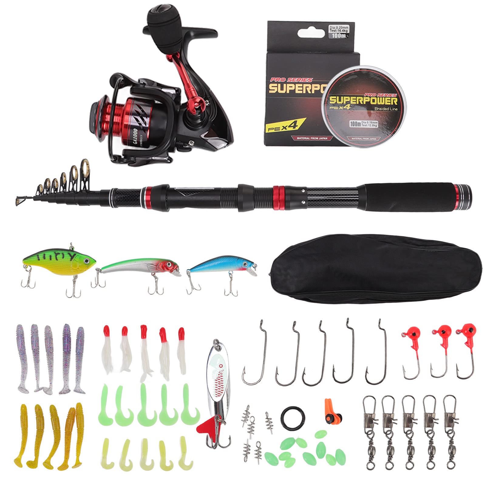 Kit di pesca con canna da pesca e bobine in fibra di carbonio kit di pesca telescopico con esca di bobina di bobina per esca accessori per ganci per pescherecci per la spia