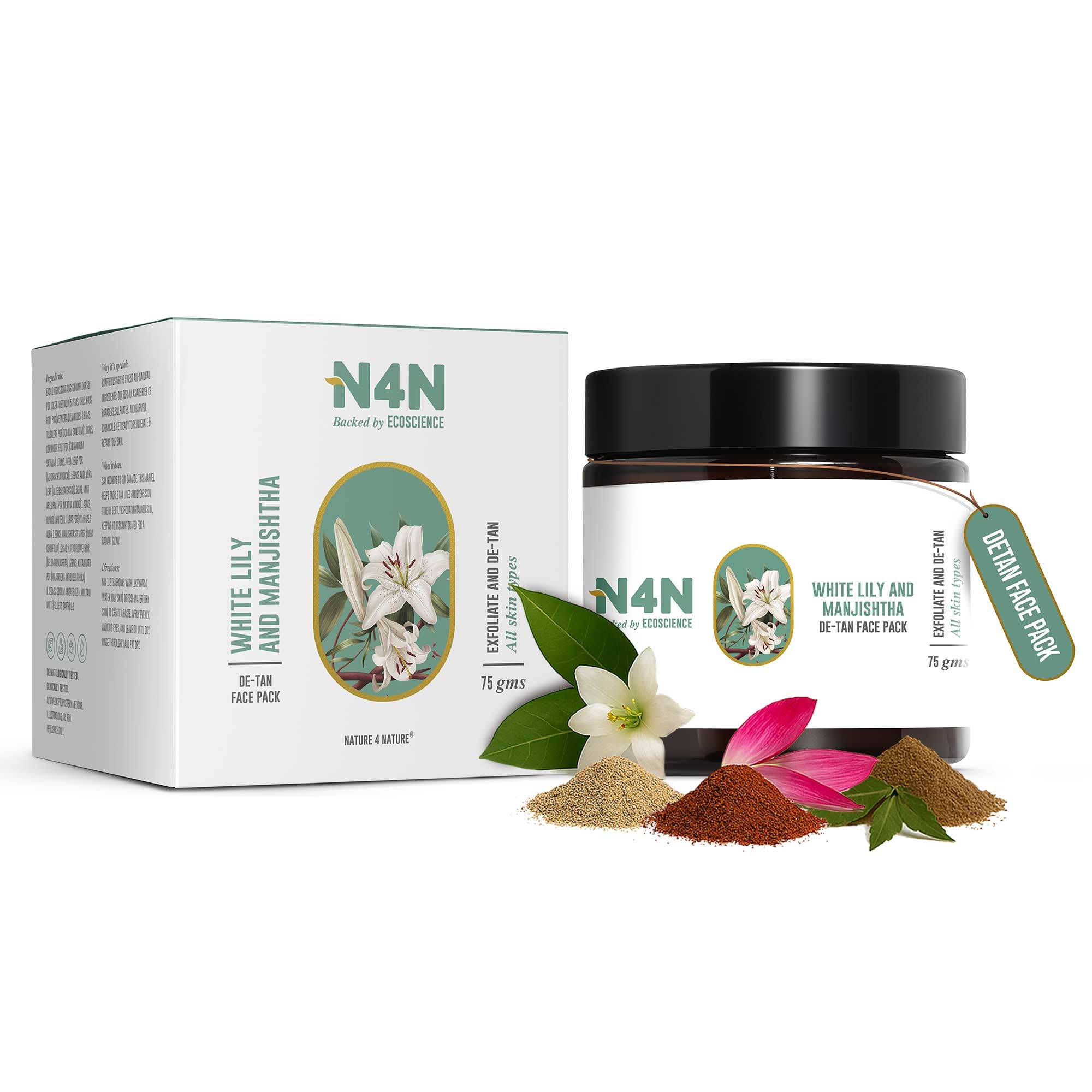 N4N Quick De Tan Face Pack For Women and Men | With White Lily and Manjishtha | Depigmentation & Tan Removal Face Pack For All Skin Types | Paraben and Sulphate Free | 75 g