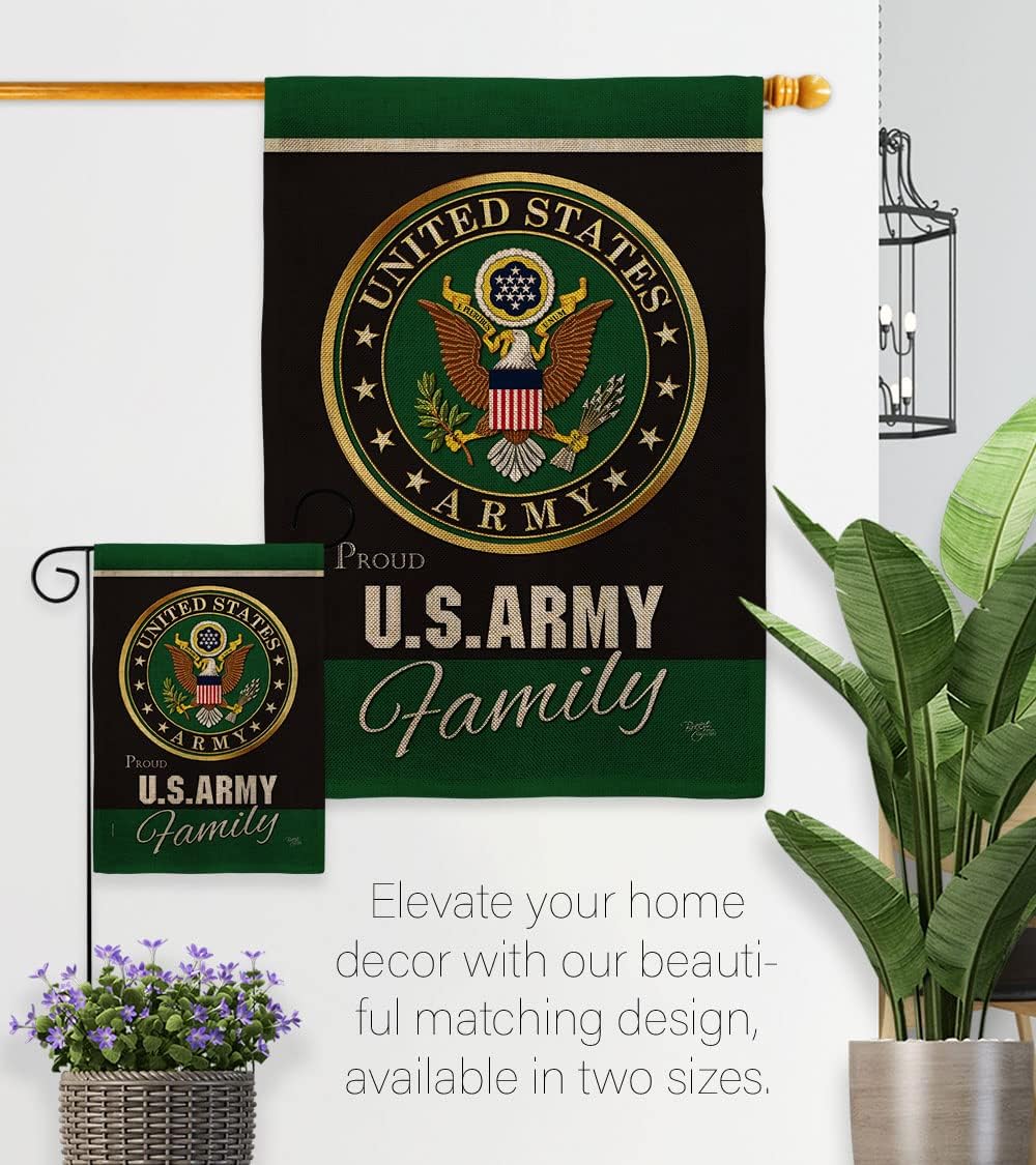 Breeze Decor Army Proudly Family Burlap Garden Flag - Set with Stand Armed Forces Rangers United State American Military Veteran Retire Official - House Banner Small Yard Gift Double-Sided 13 X 18.5