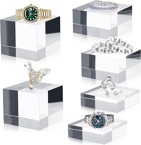 Geelin Acrylic Risers Stand Display Block Decor Riser 3 Size Decor Clear Polished Acrylic Cube Solid Pedestal Stand Square for Jewelry Perfume