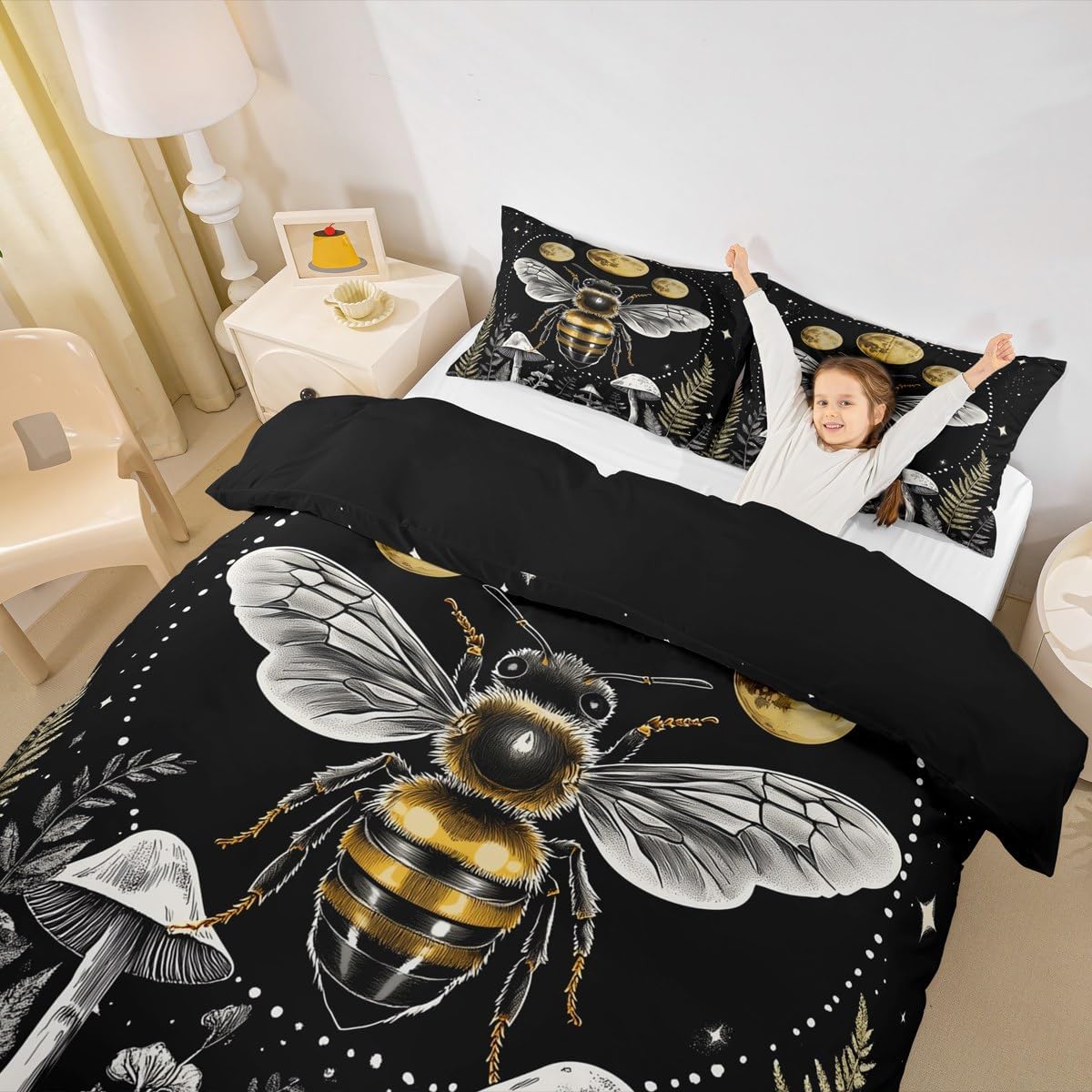 Erosebridal Boho Bee Bed Sets Moon Print Duvet Cover Wild Fungus Bedding Set King Chic Wildlife Comforter Cover Mushroom Green Leaves Bedroom Set Animal and Botanical Theme Home Decor, Black