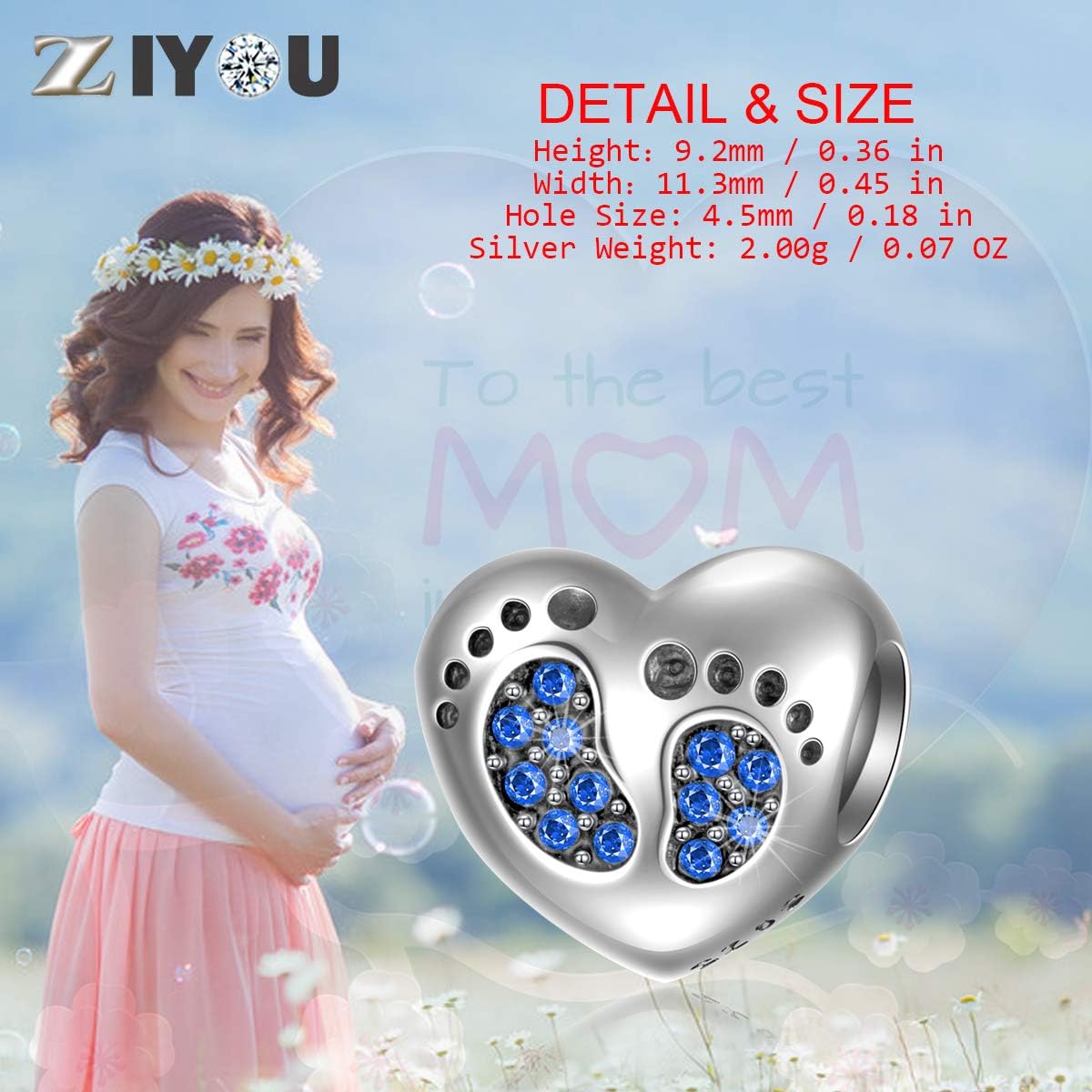 Footprint Heart Charm with October Birthstone for Pandora Mother Day Bracelets - 925 Sterling Silver Mom Love Daughter Pink Feet Beads - Image 2