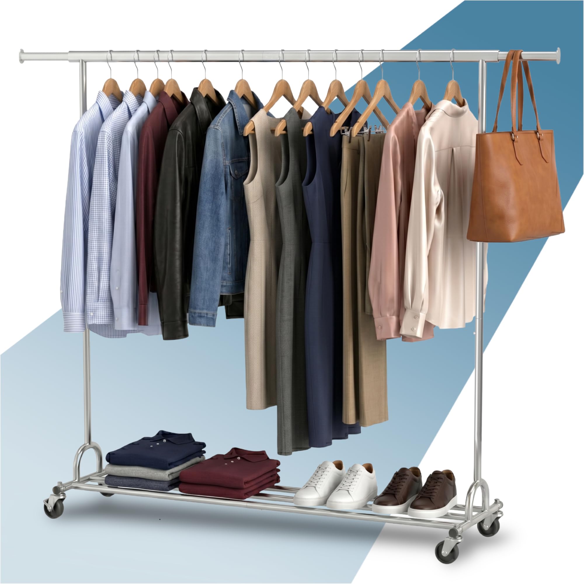 PORTENTUM Heavy duty clothes rail extendable with wheels and brakes – Up to 130 kg load capacity – Clothing rack steel frame 45 x (160-200) x 161.5 cm – With lower shelf – Quick assembly