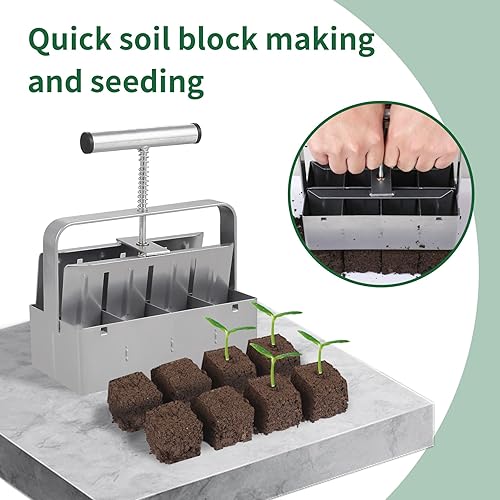 Miniatura 5 de OTVX Fabricante de bloques de tierra, fabricante de bloques de semillas de mano de 8 celdas con guantes de jardín, herramienta de bloqueo de moldes