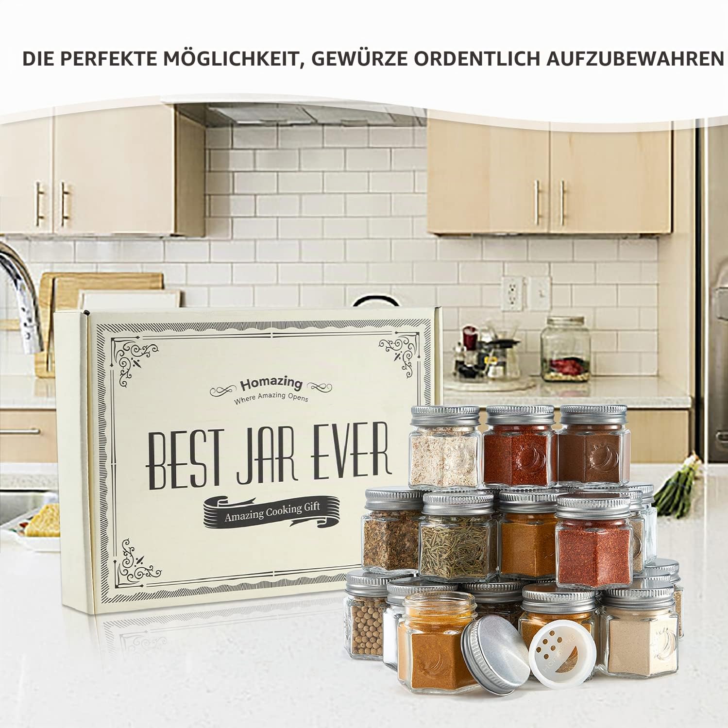 Homazing Set mit 24 magnetischen Gewürzgläsern für Kühlschrank, sechseckige Glas-Magnetgewürzgläser mit Shaker-Deckel und Etiketten für Küche, Wohnmobil und Reiseanhänger