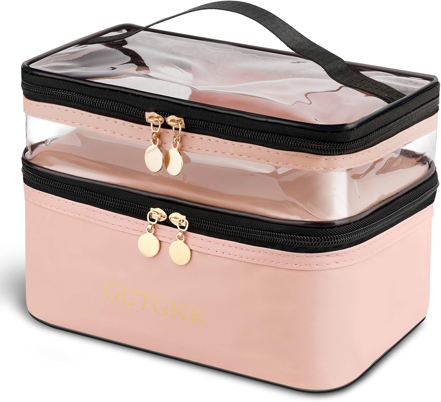 Cosmetic Bags for Women Clear Leather Double Layer Makeup Bag – Large Travel Skincare Bag For Travel Organizer Toiletry Bag – Pink