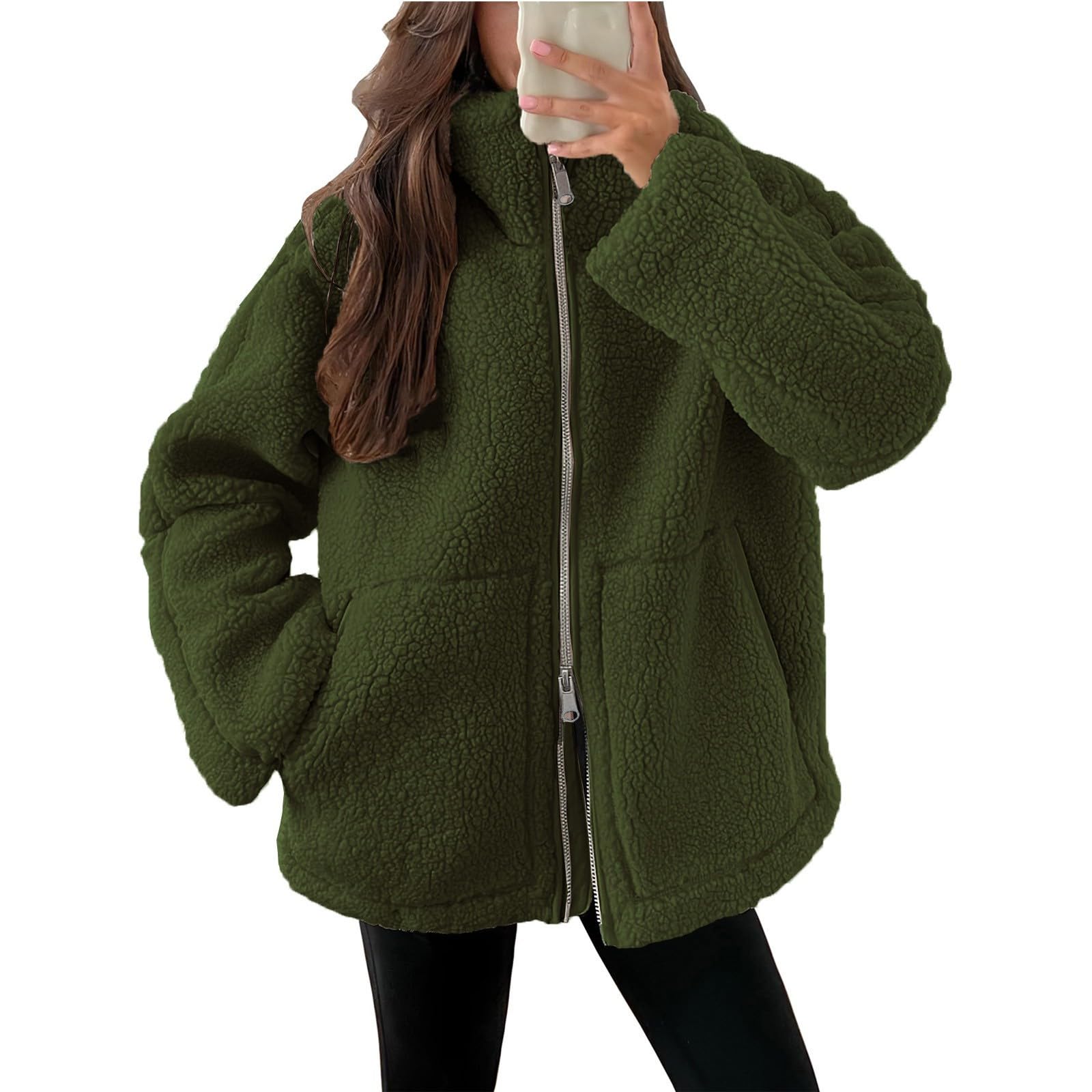 Generisch Fleecejacke Damen Ohne Kapuze Winterjacke Elegant Teddyjacke Winter Warm Plüschjacke Einfarbig Plüschmantel Langarm Flauschjacke Mit Taschen Jacke Mit Reissverschluss Damenjacken Kuschelig