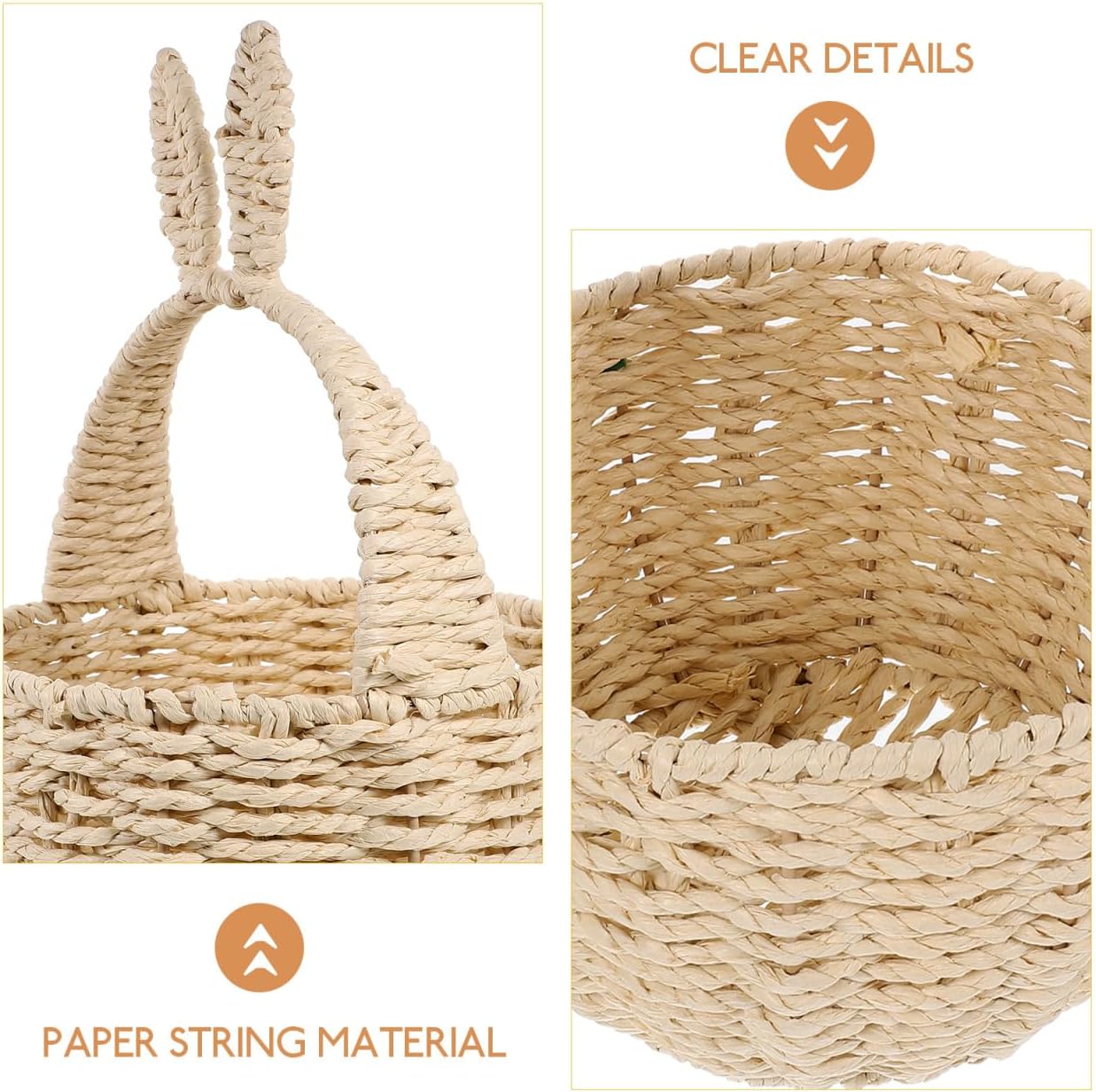 Hemobllo Wicker Easter Basket with Bunny Ears - Large Woven Storage Basket with Handle - Natural Paper Rope Easter Egg Hunt for Kids & Toddlers - Cute Rabbit Gift for Spring Party Favors & Home
