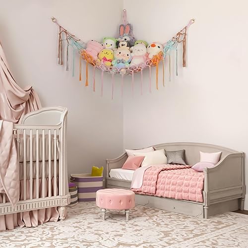 Miniatura 4 de Hamaca de Esquina para Animales de Peluche, Red Grande Tejida a Mano para Hamaca de Juguetes de Peluche con Anillos de Madera | Almacenamiento Boho