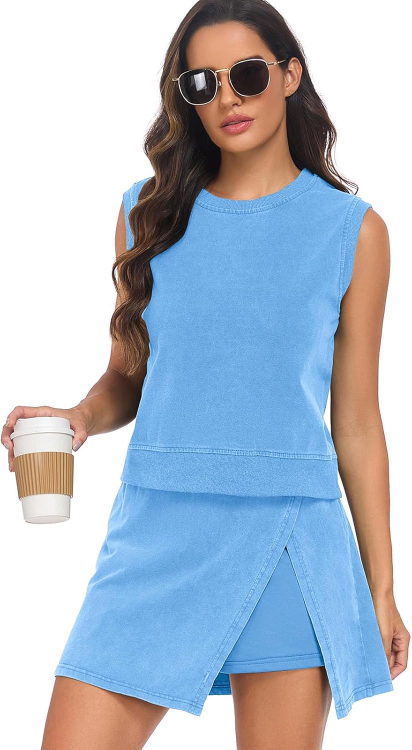 Women's Summer Two Pieces Lounge Set Wash Cotton Sleeveless Tank Top Skort Set Trendy Split Athletic Skirt Shorts Outfits - Image 5