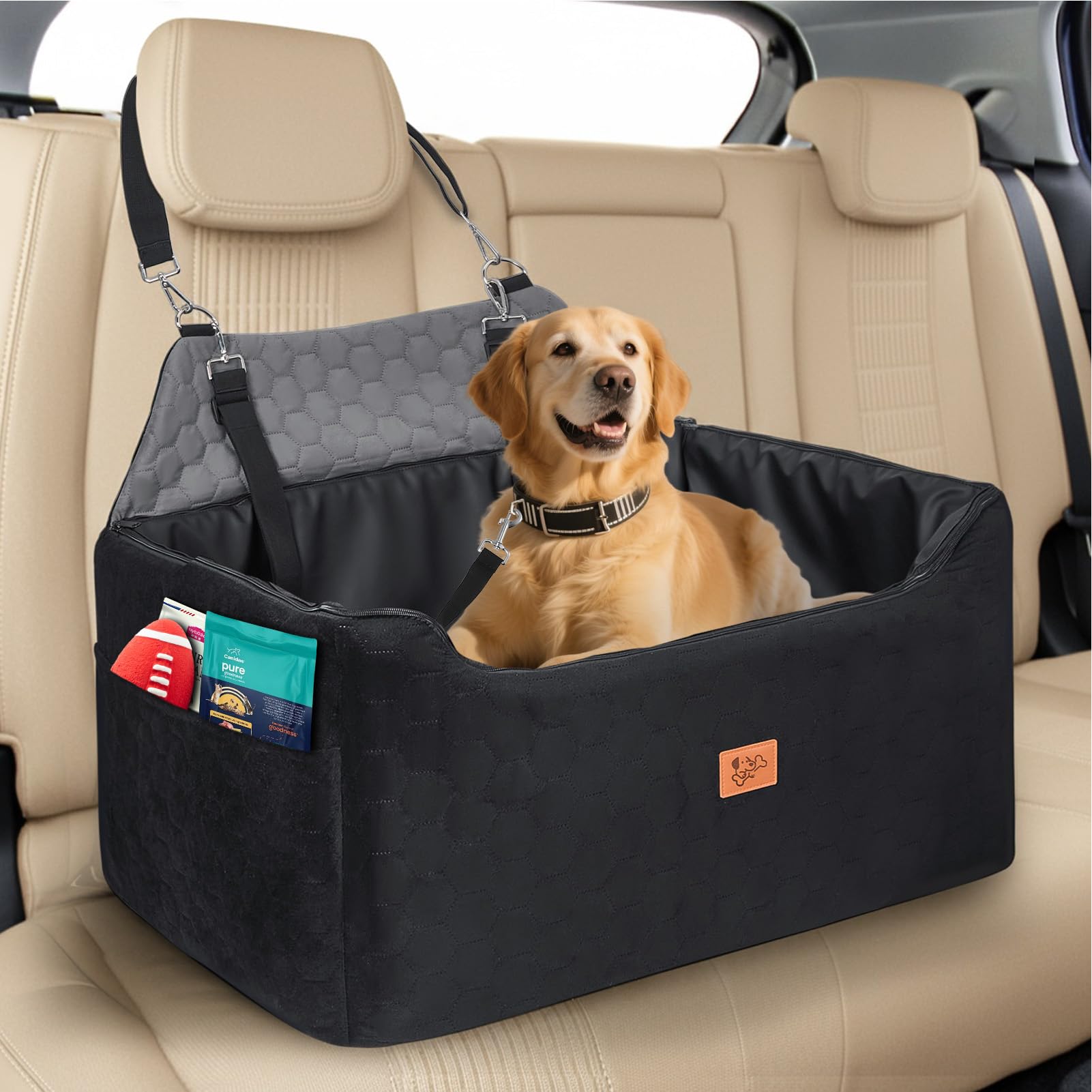 Asiento Perro Coche, Extra Estable Cama Perro Coche con Espuma Viscoelástica, Funda Lavable y Cinturón de Seguridad, Asiento Coche Perros Medianos y Grandes de hasta 55 kg, 78x55x53 cm - 2