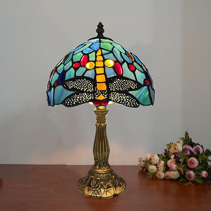 Olyfeiray Tiffany Dragonfly Table Lamp 8" - Antique Stained Glass Desk Light with E12 Bulb, 8x8x15 Inch Tiffany Style Reading Lamp for Home, Office, Nightstand Arts Decor