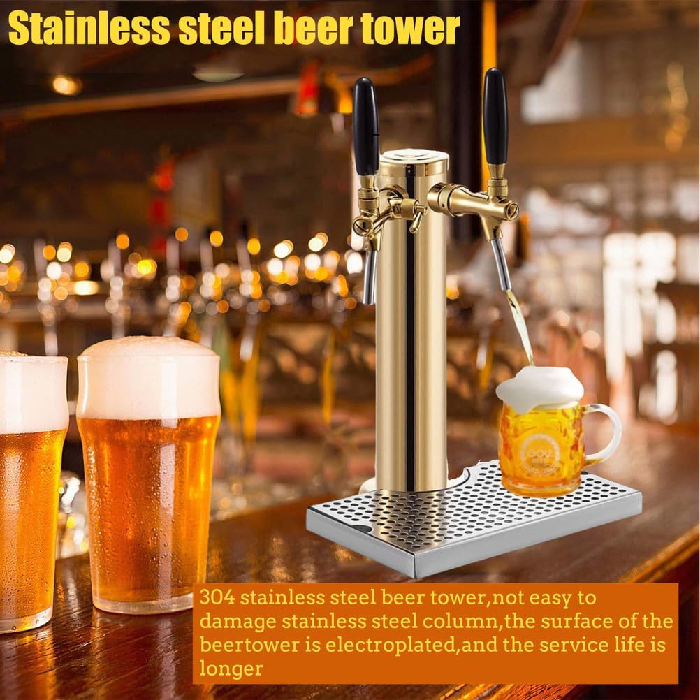 Kegerator Tower, Stainless Steel Beer Tower, Faucet Draft Beer Tower for Home Brewing, Gold, Single Faucet/Double Faucet/ 3 Faucets,2 faucets+drip Tray