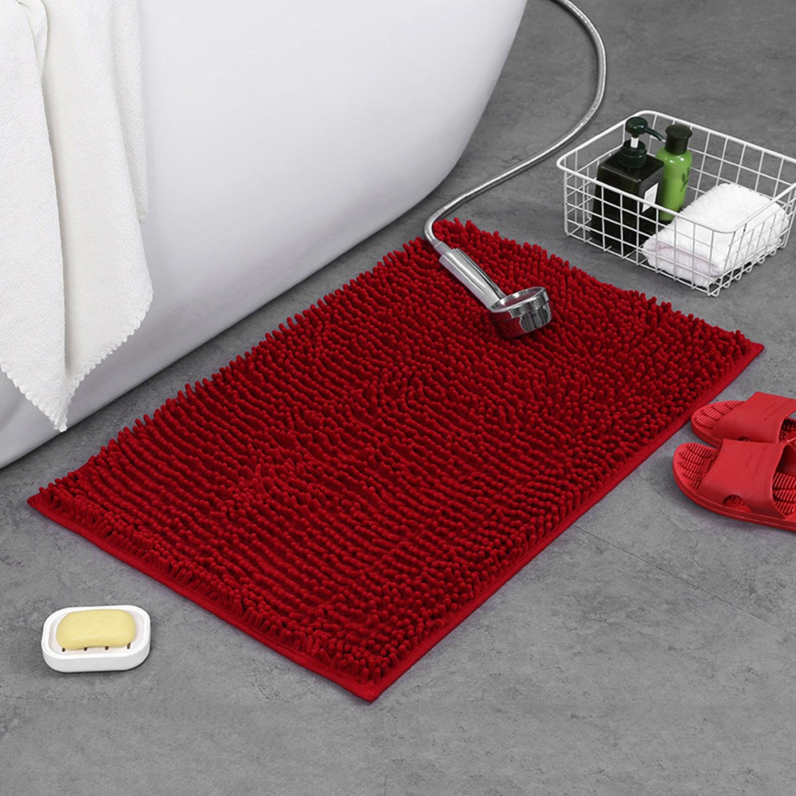 Mateju Bath Mat Non Slip Washable, Chenille Soft Comfortable Bathroom Mat Super Absorbent Fluffy Bathmat for Bathroom, Shower and Tub Toilet (AA8768 Dark Red,40 * 60cm)